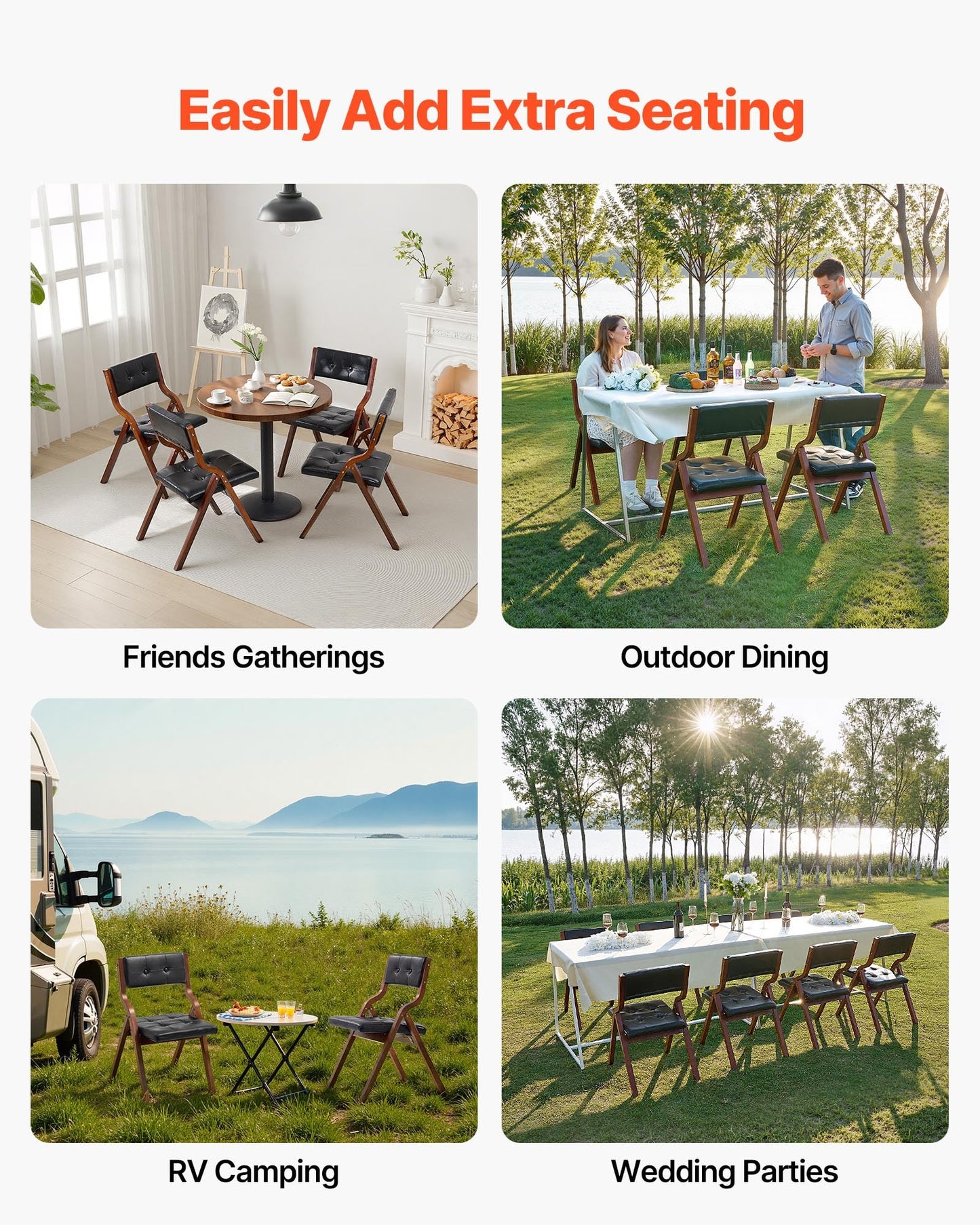 VEVOR Wooden Folding Chairs with Leather Cushion, Set of 2, Portable Foldable Cushion Chair with Wooden Frame, Easy Assembly, Modern Leather Padded Dining Chair for Office, Wedding, Party, Home, Black