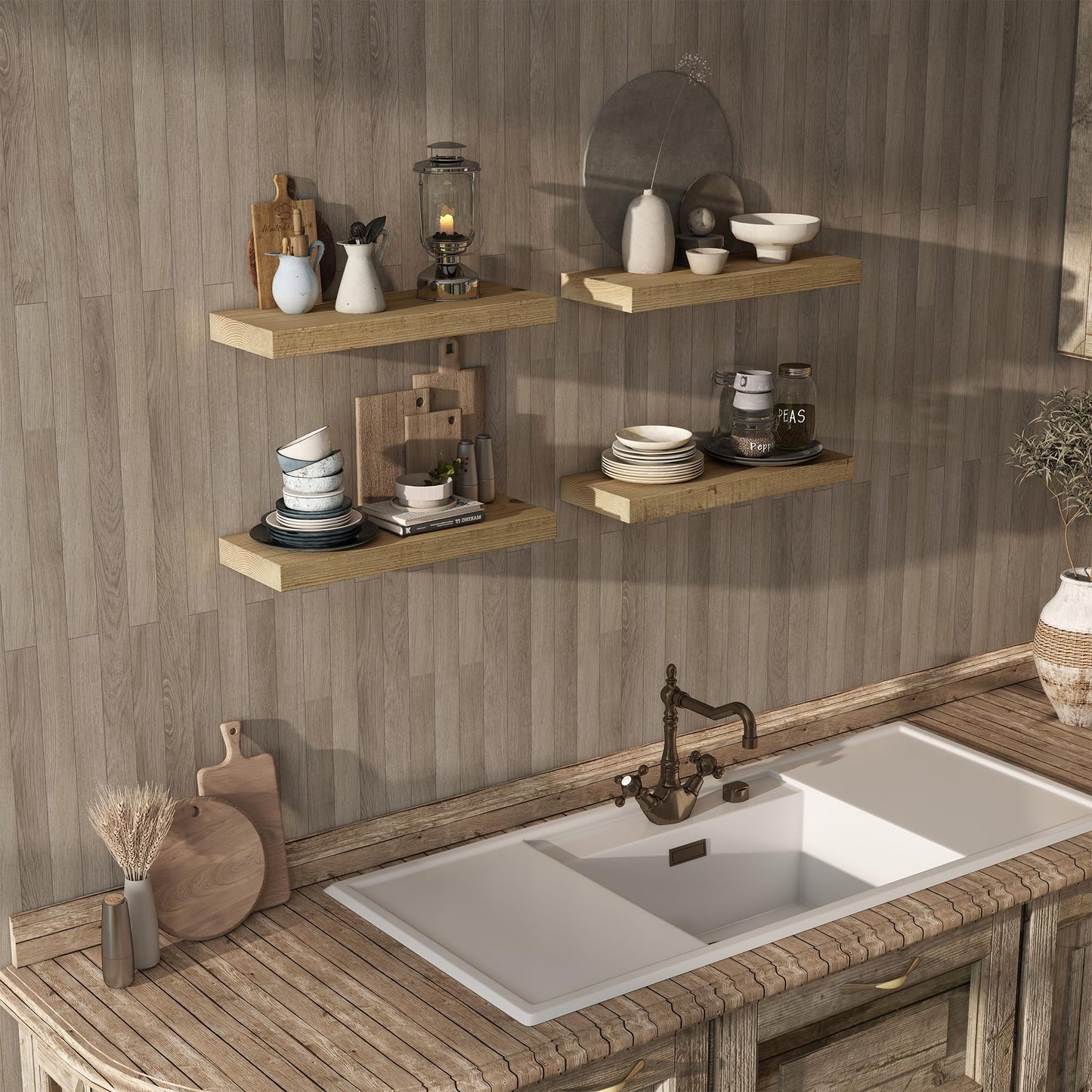 Acovy 24/30/36/40/48/55/72" Unfinished Solid Reclaimed Wood Floating Shelves, Rustic Heavy-Duty Wall Shelves, 8" Deep Floating Shelf for Living Room, Bathroom, Bedroom and Kitchen, Natural