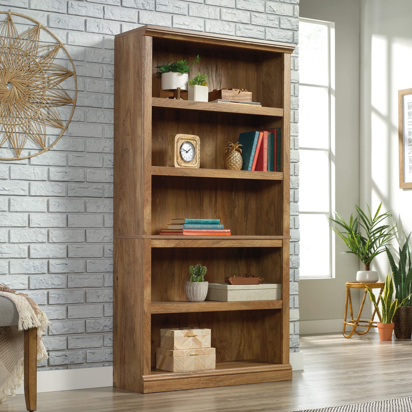 Sauder 5 Tier Book Shelf Wooden Bookcase Multipurpose Bookshelf for Home Office, Living Room, in Sindoori Mango