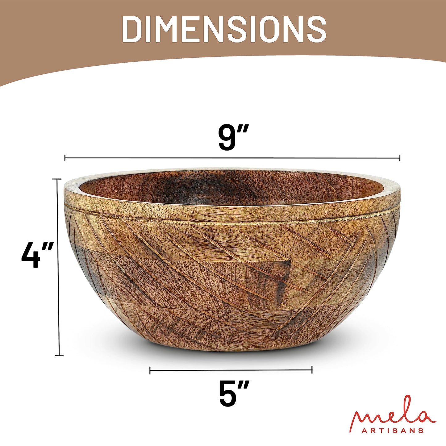 Mela Artisans 9 in Wide x 4 in Tall Mango Wood Bowl with Felt Pads – Hand-Carved Decorative Serving and Fruit Bowl with Light Burnt Finish for Kitchen Counter, Salad, Snacks and Bread