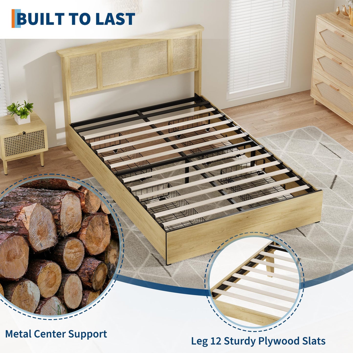 GAOMON Full Size Rattan Bed Frame with Natural Woven Headboard, Strong Wooden Slats and Metal Platform Base, Quiet Design, No Box Spring Required, 4 Storage Drawers
