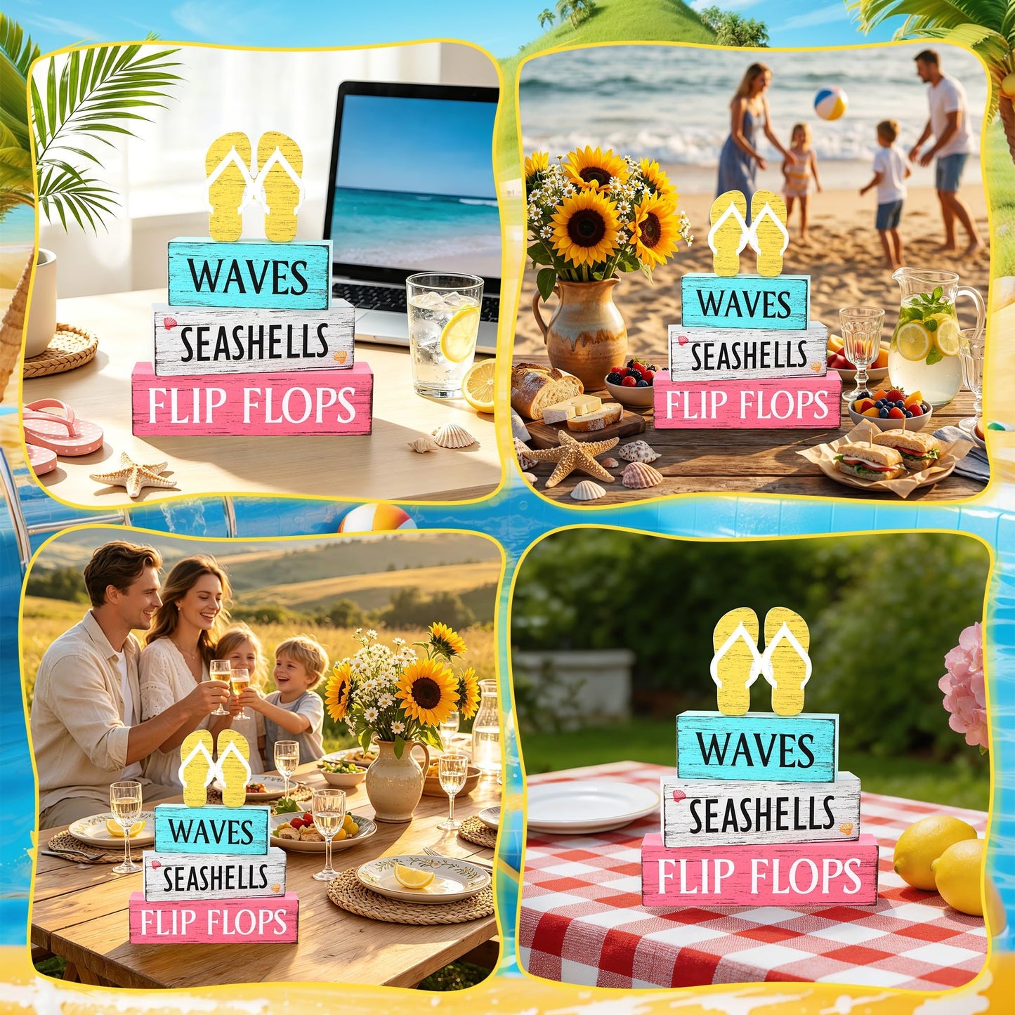 4 Pcs Summer Wooden Tiered Tray Decor, Flip Flops Decorations Gifts for Home, Summer Table Centerpiece for Beach Mantel Party Kitchen Hawaii