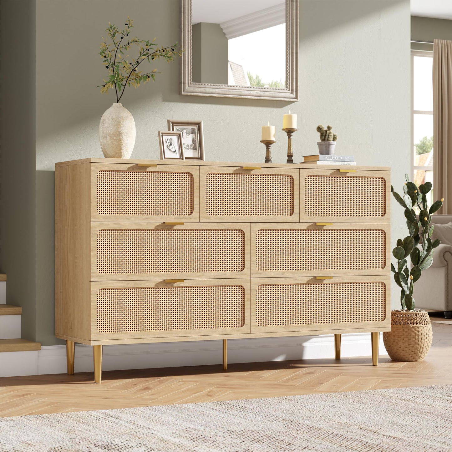 GarveeHome Rattan 7 Drawer Dressers for Bedroom, Tall Dresser with Deep Drawers, Large Chest of Drawers for Closet with Wide Top, Long Wooden Dresser for Living Room, Hallway, Kids Room, Natural