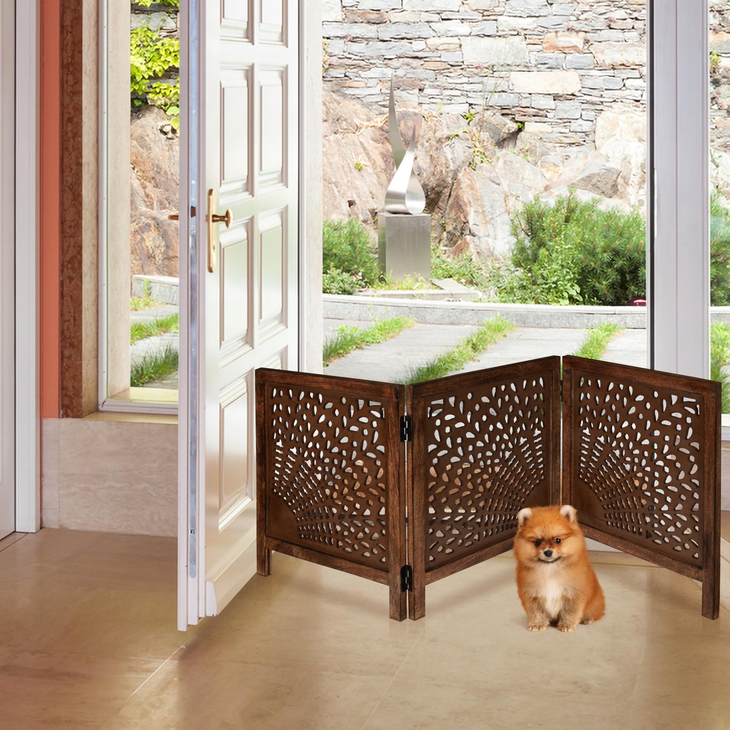 Dog Gate, Wooden, Free Standing, Pet, for the House, Decorative, Gates, Doorways, Foldable, 3 Panels, Fence, Extra Wide, 24" Heightx3Panels, Natural