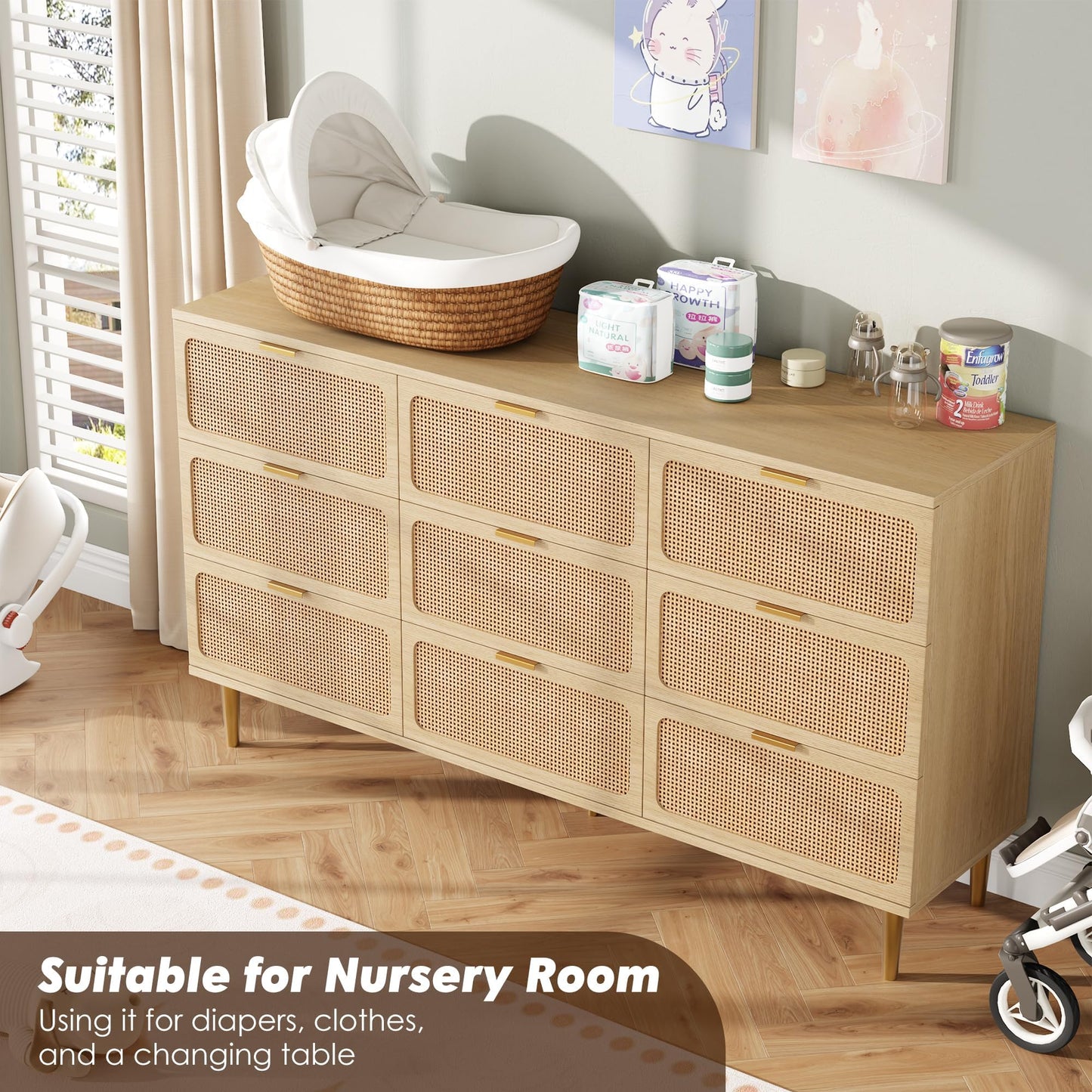 GarveeHome Rattan 9 Drawer Dressers for Bedroom, Tall Dresser with Deep Drawers, Large Chest of Drawers for Closet with Wide Top, Long Wooden Dresser for Living Room, Hallway, Kids Room, Natural