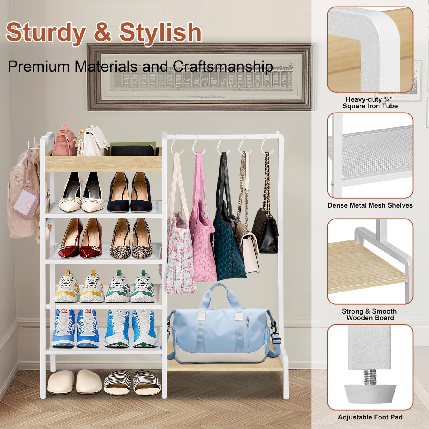 NauwaBarn 2-in-1 Shoe Rack for Closet with Purse Organizer, 5 Tier Shoes Shelf with Wooden Tray and Removable Shelves, Storage Organizer for Entryway, Garage, Hold Boots, Backpacks, White