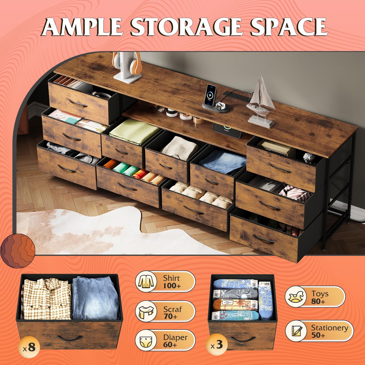 WLIVE 75.5" TV Stand for 65, 75, 80, 85 Inch TV, Dresser for Bedroom with Power Outlets & LED Lights, 11 Drawer Fabric Dresser with Open Shelves, Entertainment Center with Storage, Rustic Brown