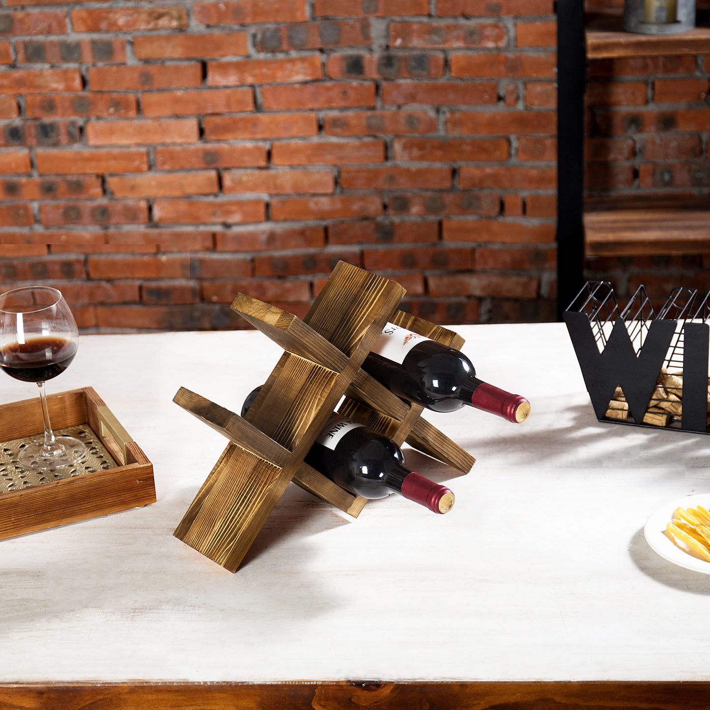 MyGift 4-Bottle Rustic Brown Wood Wine Rack for Countertop - Brushed Country Rustic Style, Compact Storage for Kitchen, Bar, Dining Room (Holds 750ml Bottles)