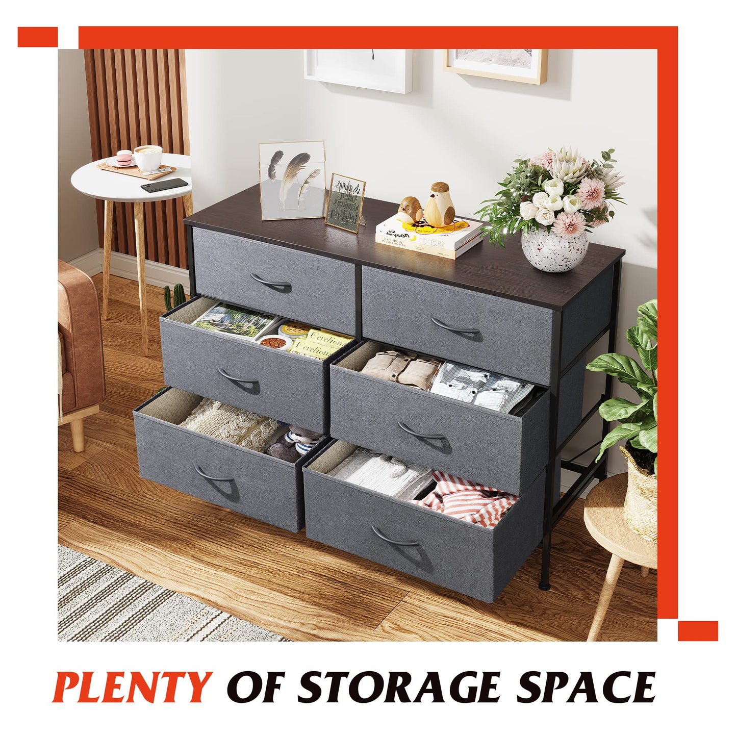 WLIVE Dresser for Bedroom with 6 Drawers, Wide Dresser TV Stand for 50 Inches TV, Grey Dresser with Metal Frame, Wooden Top, Fabric Dressers for Bedroom, Living Room, Hallway, Dark Grey