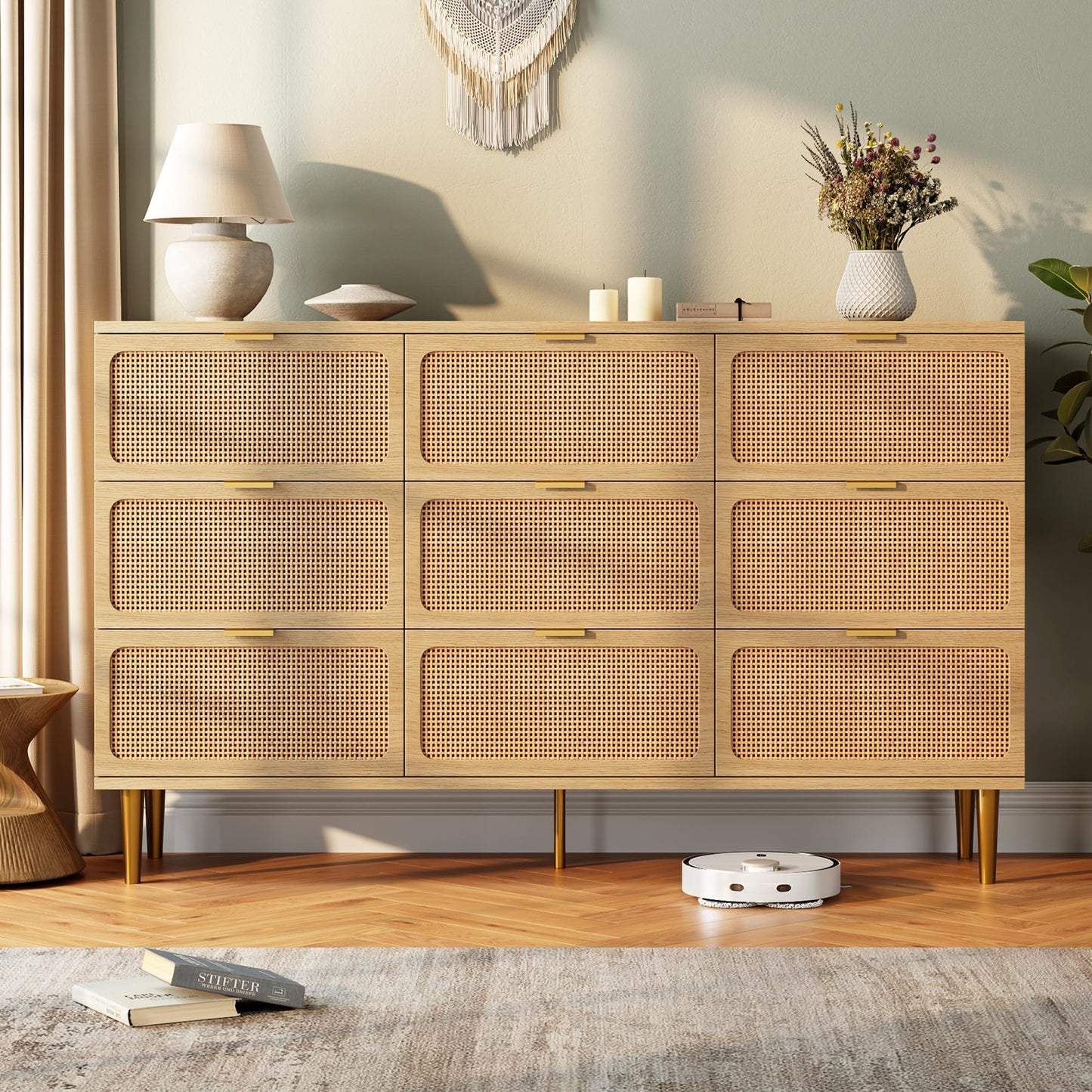 GarveeHome Rattan 9 Drawer Dressers for Bedroom, Tall Dresser with Deep Drawers, Large Chest of Drawers for Closet with Wide Top, Long Wooden Dresser for Living Room, Hallway, Kids Room, Natural