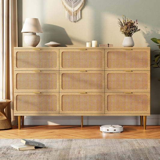 GarveeHome Rattan 9 Drawer Dressers for Bedroom, Tall Dresser with Deep Drawers, Large Chest of Drawers for Closet with Wide Top, Long Wooden Dresser for Living Room, Hallway, Kids Room, Natural