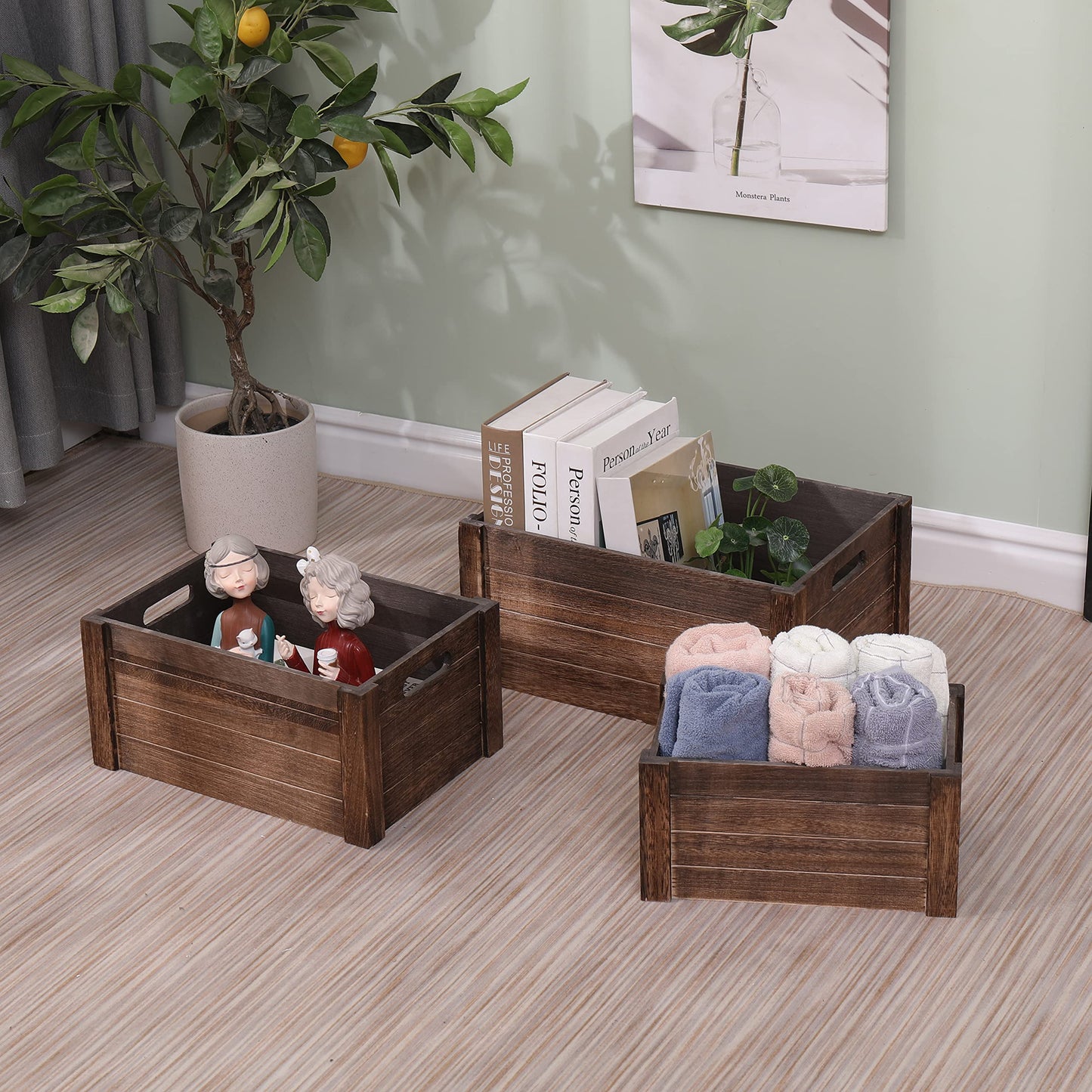 SENRYEE Farmhouse Antique Black Wooden Crate for storage,Rustic Decorative Boxes,Set Of 3 Nesting Wooden Storage Crates For display,Handmade Natural Solid Wood Box (Rustic Black)
