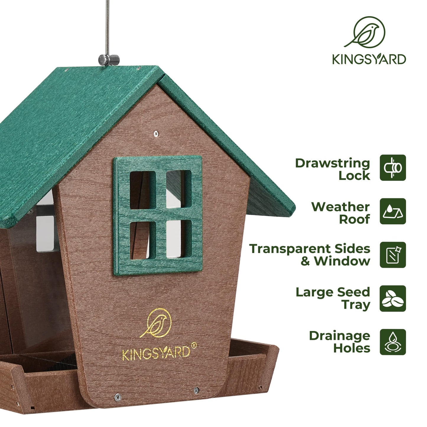 Kingsyard 4 lbs Large Bird Feeder House for Outdoors Hanging, Recycled Plastic Bird Feeder Hopper with Weatherproof Roof & Capacity Tray for Cardinal Bluebird, Garden Yard Outside Decor, Green