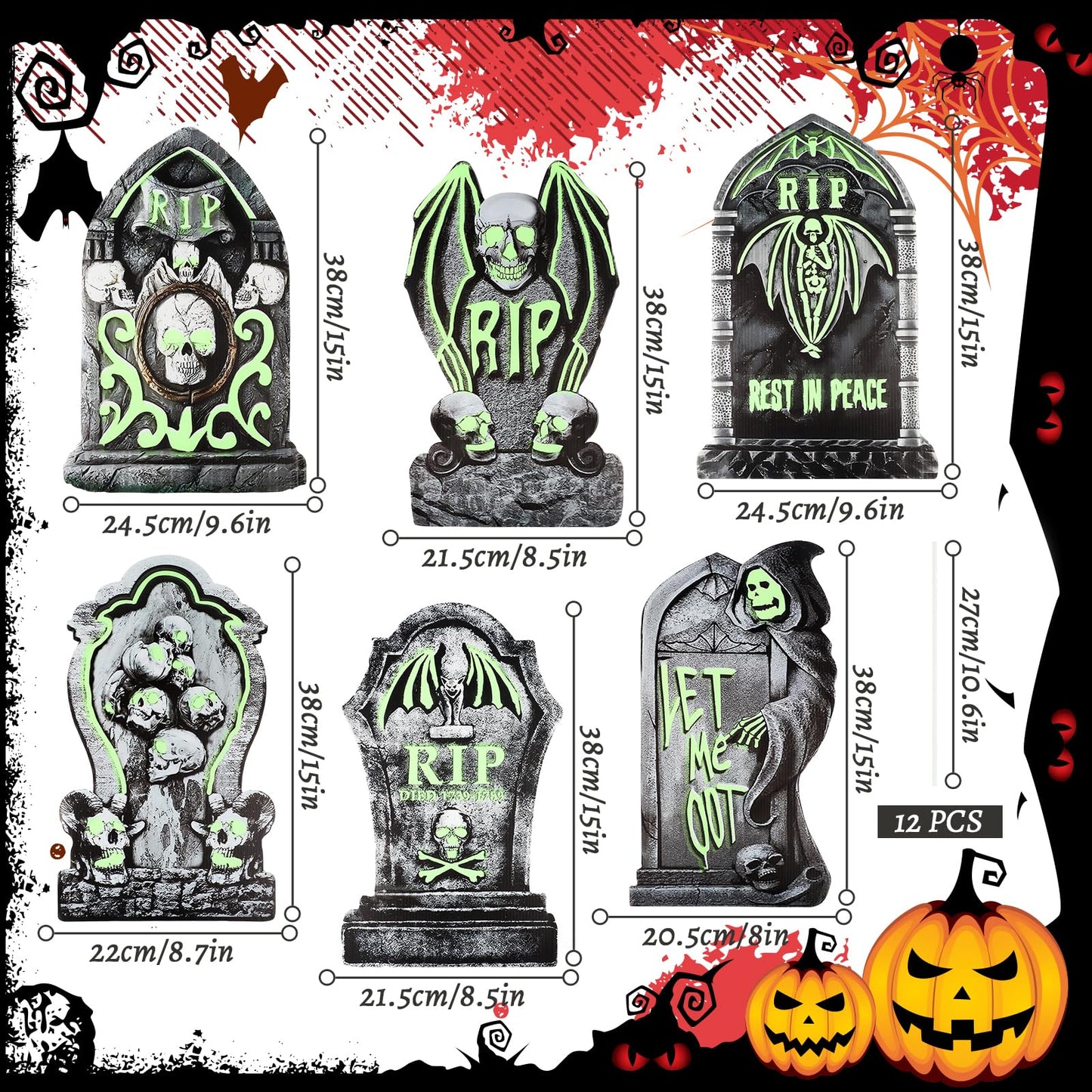 Larber 6pcs Glow in The Dark Tombstones with Stakes Large Halloween Tombstones Yard Signs Decor Waterproof RIP Headstones for Graveyard Halloween Lawn Garden Outdoor Indoor Decoration