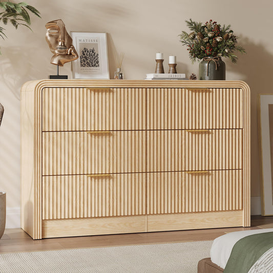 Decofy Fluted Drawers Dresser for Bedroom, Wood Dressers with Gold Handles, Modern Dressers with Wave Texture, Large Storage Chest of Drawers, Bedroom Dresser Organizer 47'' & 6 Drawers (Natural Oak)