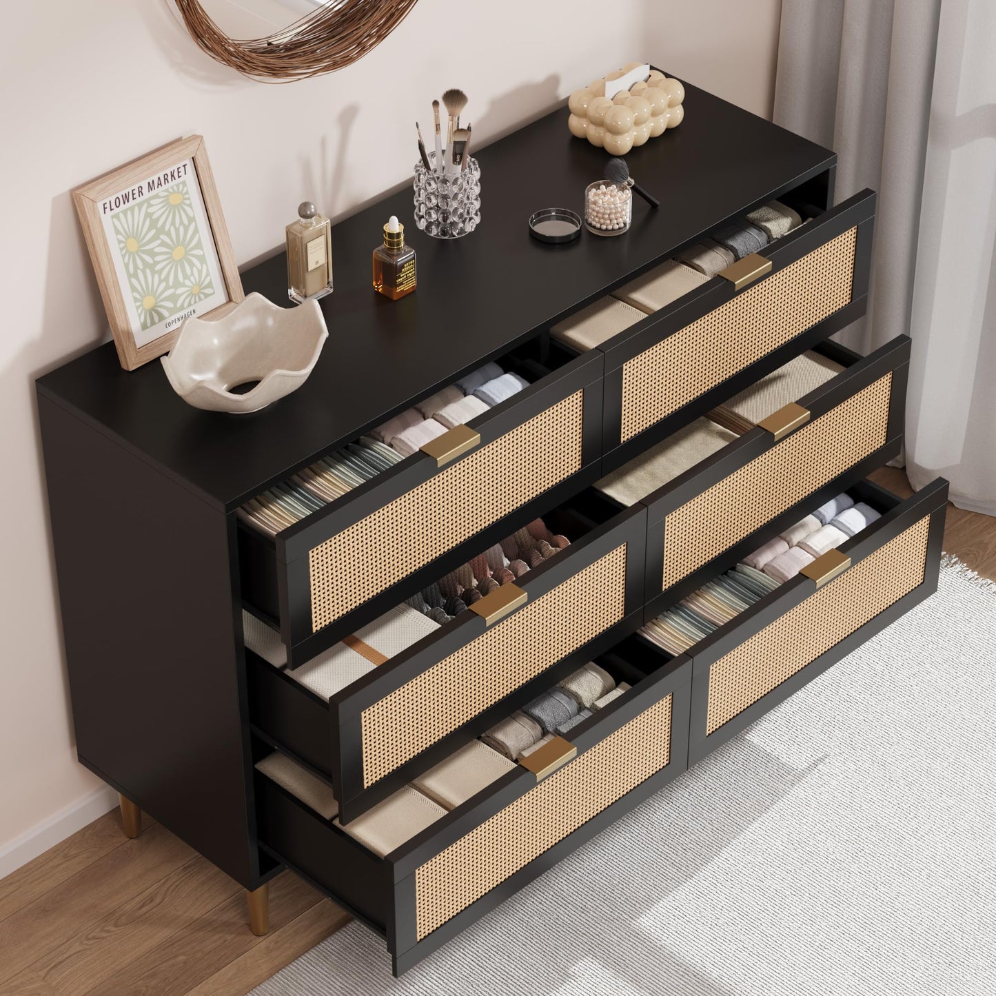 Garvee Rattan 6 Drawer Dresser, 42.5''W Wood Dresser, Chest of Drawers with Gold Legs and Handles, Double Dressers with Large Tabletop and Anti-Tipping Design for Bedroom, Black