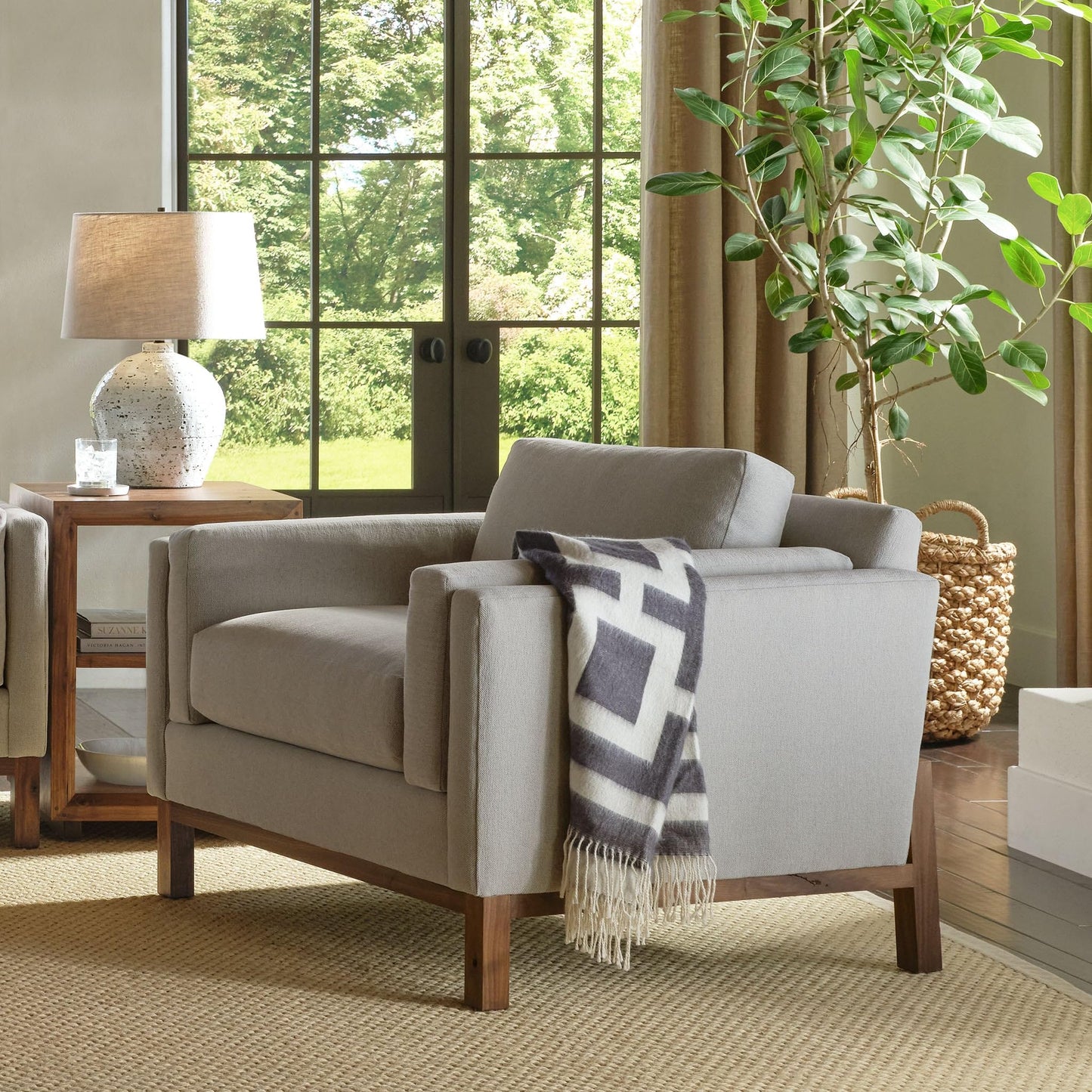 Stickley Saranac Chair, Lounge Chair, Solid Rustic Walnut Base, Sustainable Construction, Sewn-in Pillows, Sustainable Easy-Care Fabric, Square Legs, Made in USA
