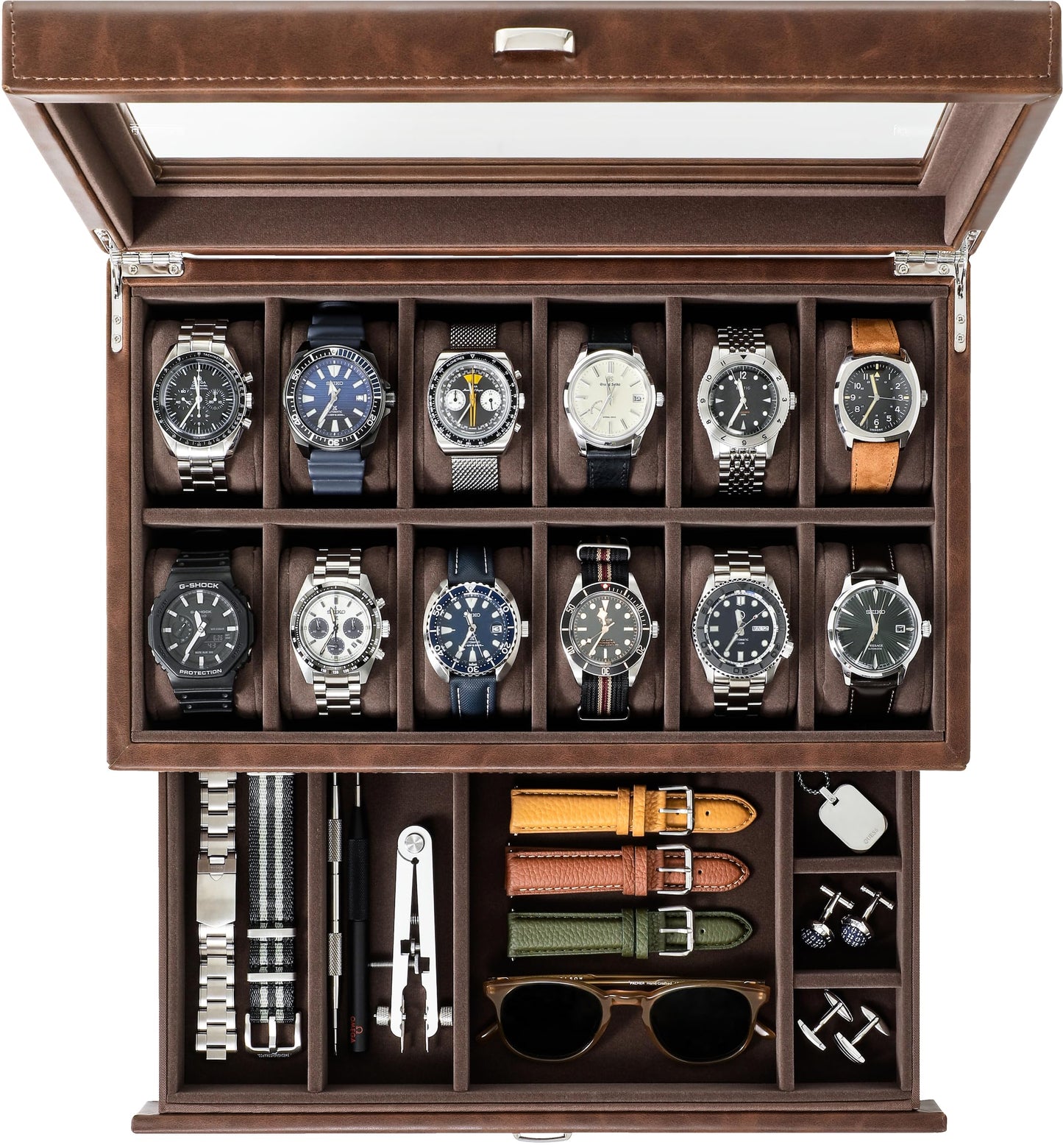 TAWBURY Watch Box for Men - 12 Slot Watch Case with Storage Drawer, Real Glass Display and 2-inch Wide Pillows for Large Watches (Brown)
