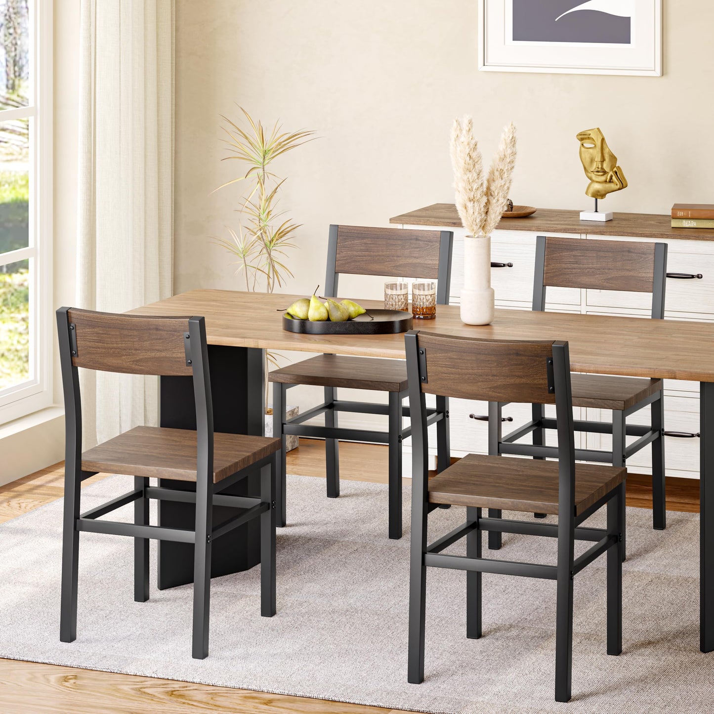 MECHYIN Dining Chairs Set of 4, Rustic Wood Dining Room Chairs with Thickened and Strengthened Metal Steel Frame & Slat Back, Modern Farmhouse Chair for Kitchen, Dining Room (4, Nut-Brown)