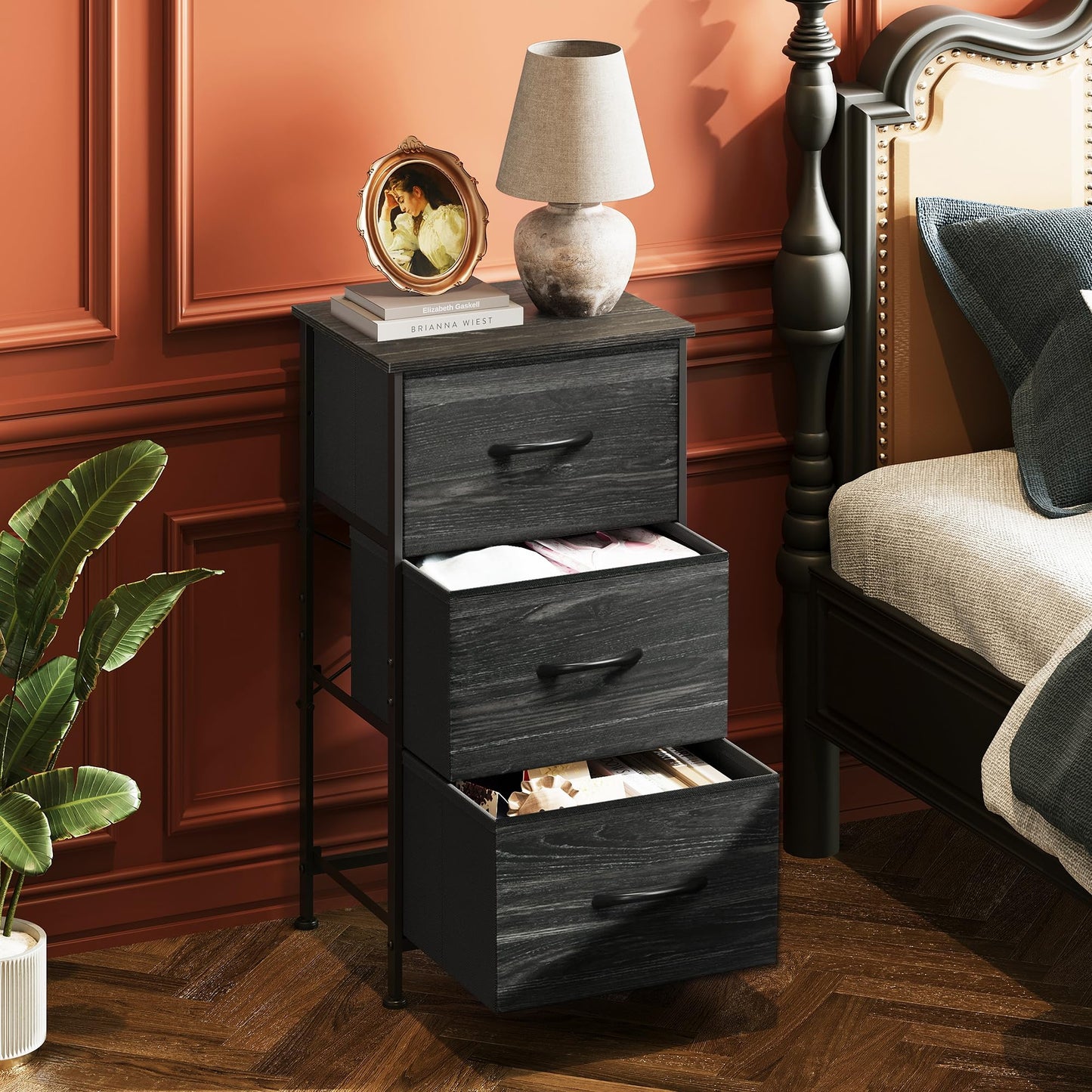 WLIVE 3 Drawer and 9 Drawer Dresser Set, Dresser for Bedroom, Closet, Hallway, Storage Organizer Unit, Dressers & Chests of Drawers with Fabric Bins, Charcoal Black Wood Grain Print