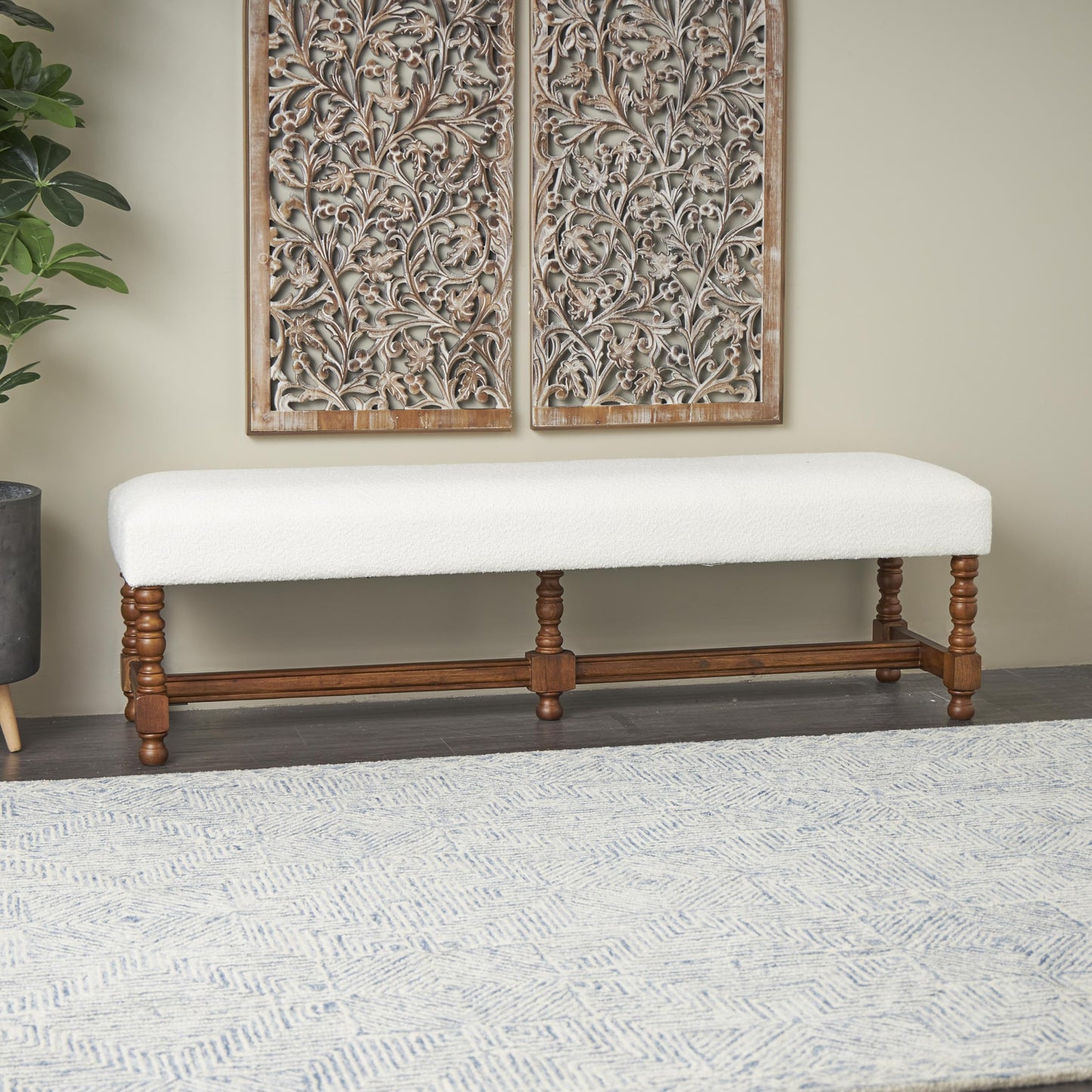 Deco 79 Fabric Home Bench Entryway Bench with Brown Traditional Wood Turned Legs, Bedroom Bench 59" x 16" x 17", Cream