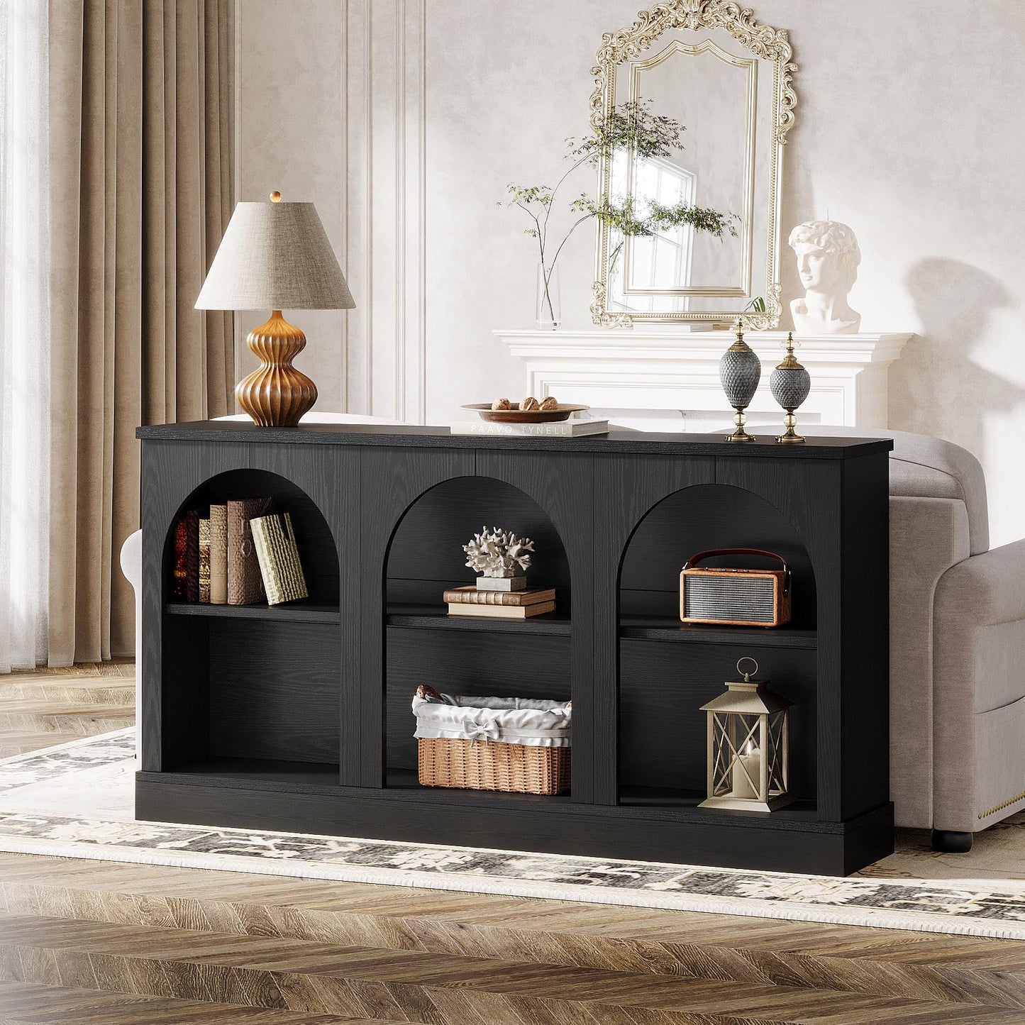 Tribesigns Farmhouse Console Table, 63-Inch Long Entryway Table with 3 Tier Storage, Wooden Rectangular Sofa Table Behind The Couch for Entrance, Hallway, Living Room, Black