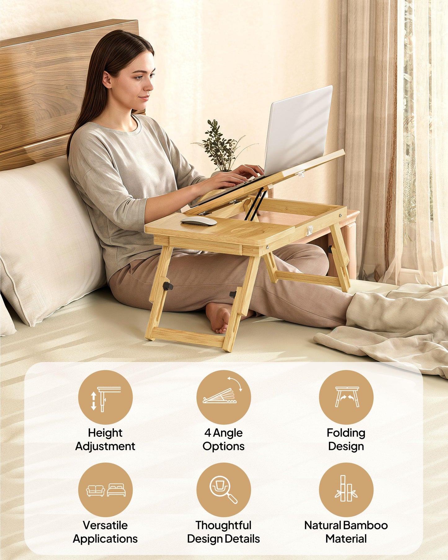 Bamboo Lap Desk,Adjustable Bed Desk with 4 Angle Options and Folding Design,Laptop Stand for Bed,Writing,Office Work,Drawing,Sofa & Travel