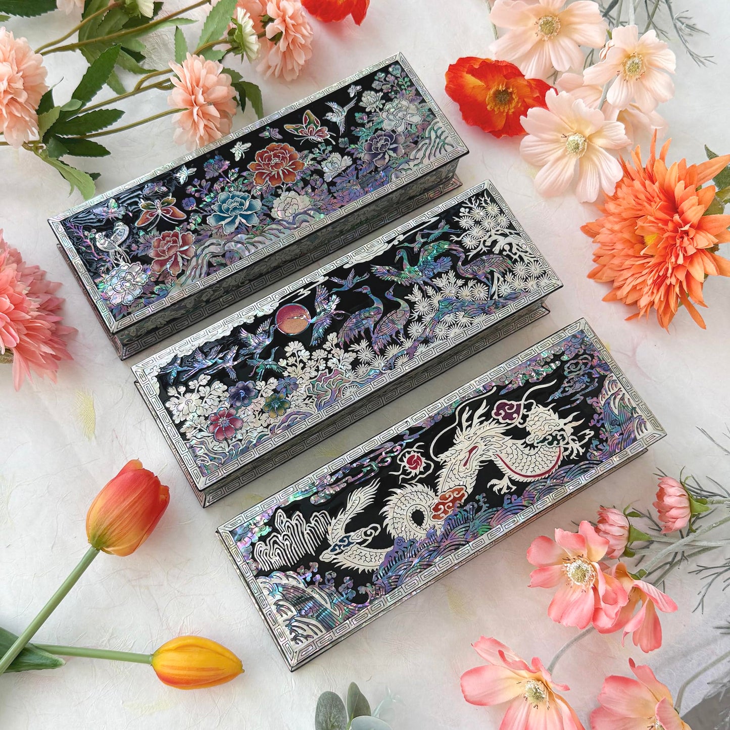 Nacreh Mother of Pearl Ring Necklace Office Pen Holder Case Storage Wooden Jewelry Box - Inlay with Sea Shell Gift (Dragon)
