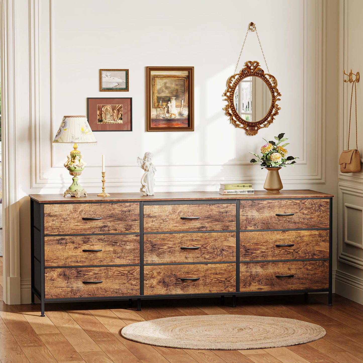 Huuger 63 Inch Dresser for Bedroom, Dresser for Closet with 9 Fabric Drawers, Large TV Stand for 55, 65, 70 Inch TV, Entertainment Center with Storage, Wide Long Chest of Drawers, Rustic Brown