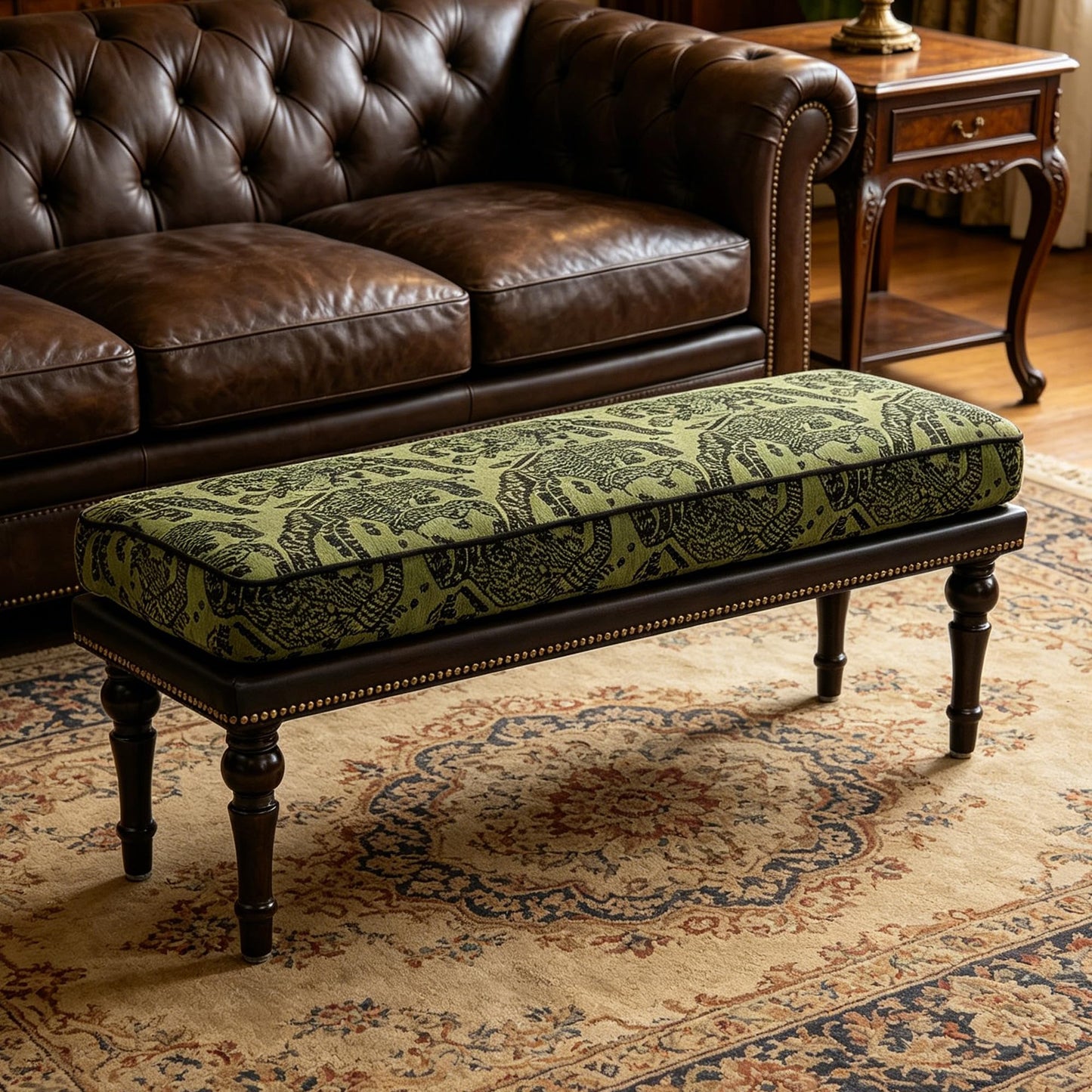 Forteek 47" End of Bed Bench, Traditional Upholstered Bedroom Bench with Removable Washable Jacquard Fabric Cover, Nailhead Trim, Vintage Accent Bench for Bedroom Living Room Entryway(Vintage Green)