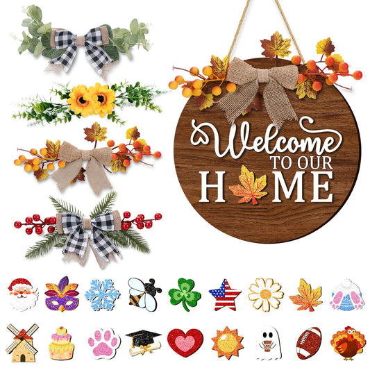 23Pcs Interchangeable Welcome Sign for Front Door Seasonal Wooden Holiday Wreaths Porch Door Decor Changeable Farmhouse Outdoor Decorations for Home Gifts All Season Outside Hanging Sign