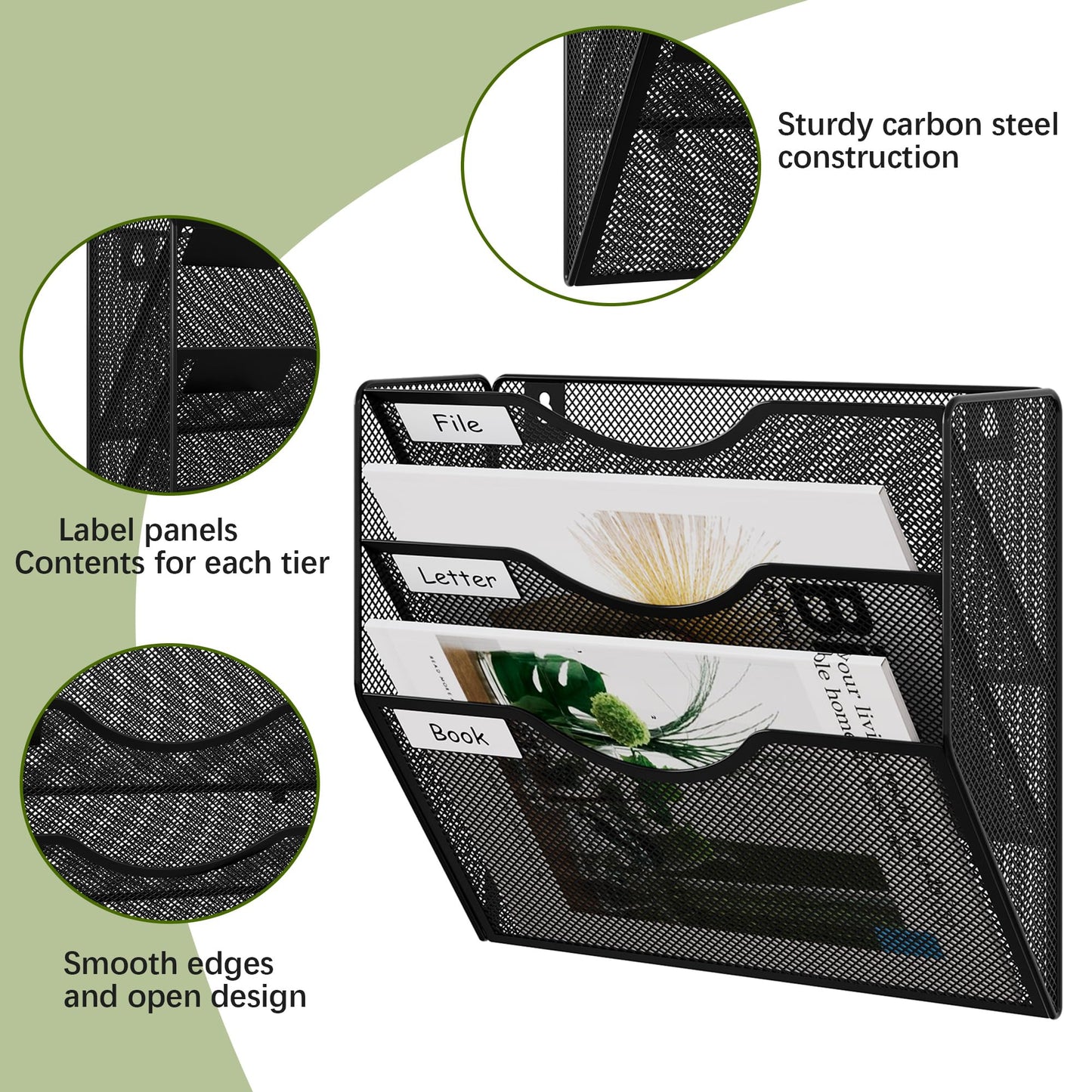 EasyPAG 3 Pocket Mesh Wall File Organizer, Hanging Paper Folder Holder with Classify Label, Vertical Wall Mount Mail Organizer for Office Home Classroom, Black