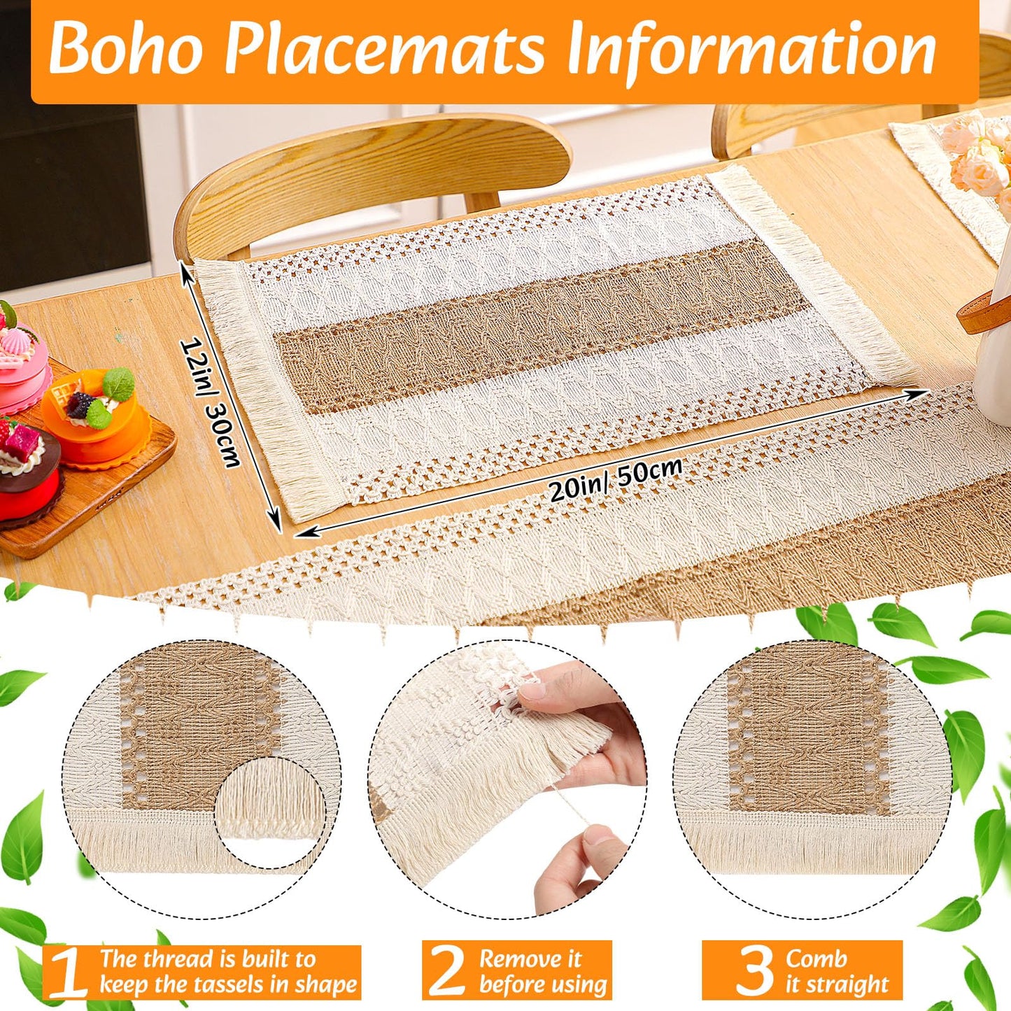 Gandeer 4 Sets Boho Decoration Placemats Round Woven Placemats, Cloth Napkins, Wood Bead Napkin Rings, Long Table Runner and Farmhouse Burlap Cotton for Table Kitchen (Khaki,12x72)