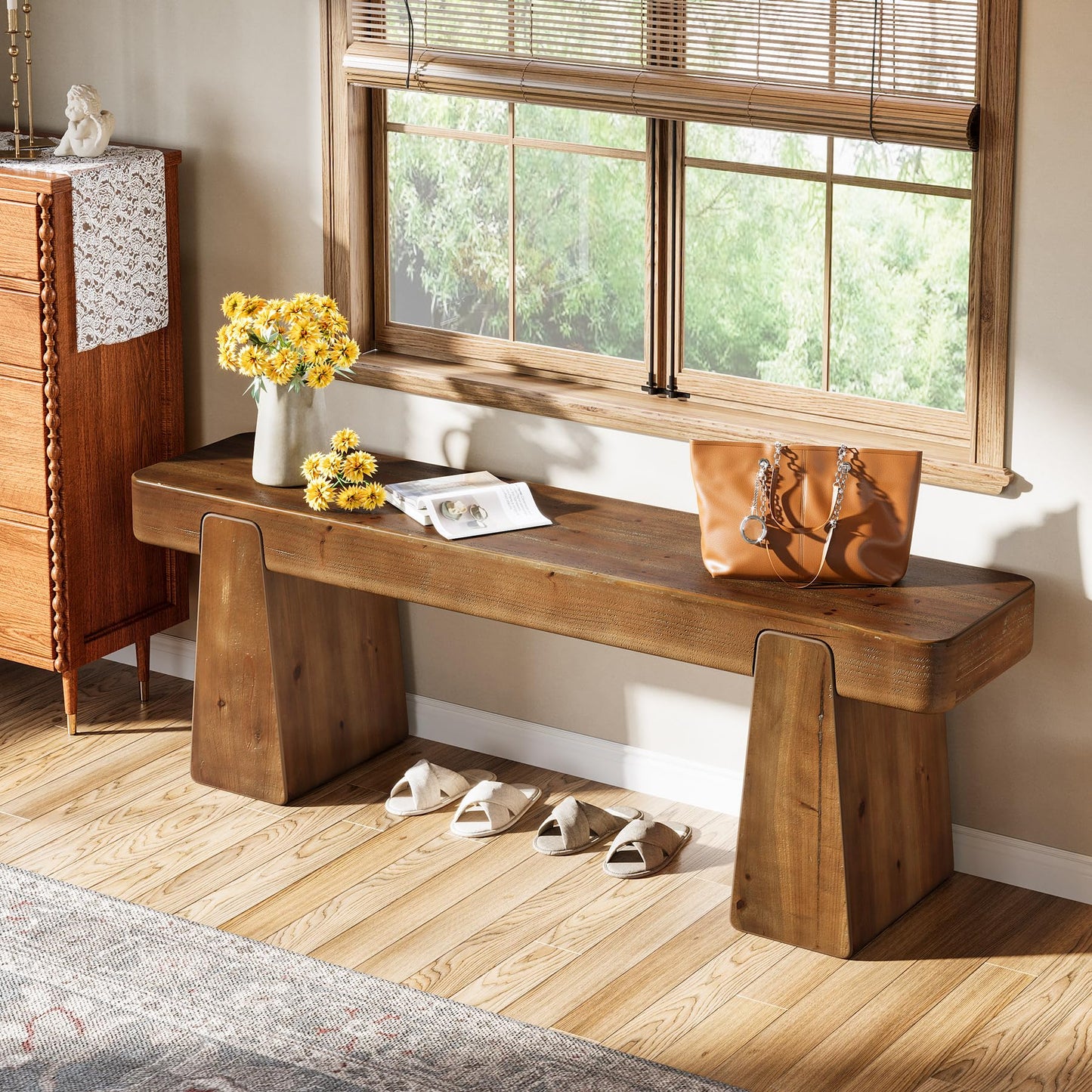 TRIBEWOOD Solid Wood Bench, 47-Inch Farmhouse Wood Entryway Bench with Thickened Legs, Narrow Indoor Wooden Bench for Entry, Hallway, Living Room, End of Bed, Dark Brown