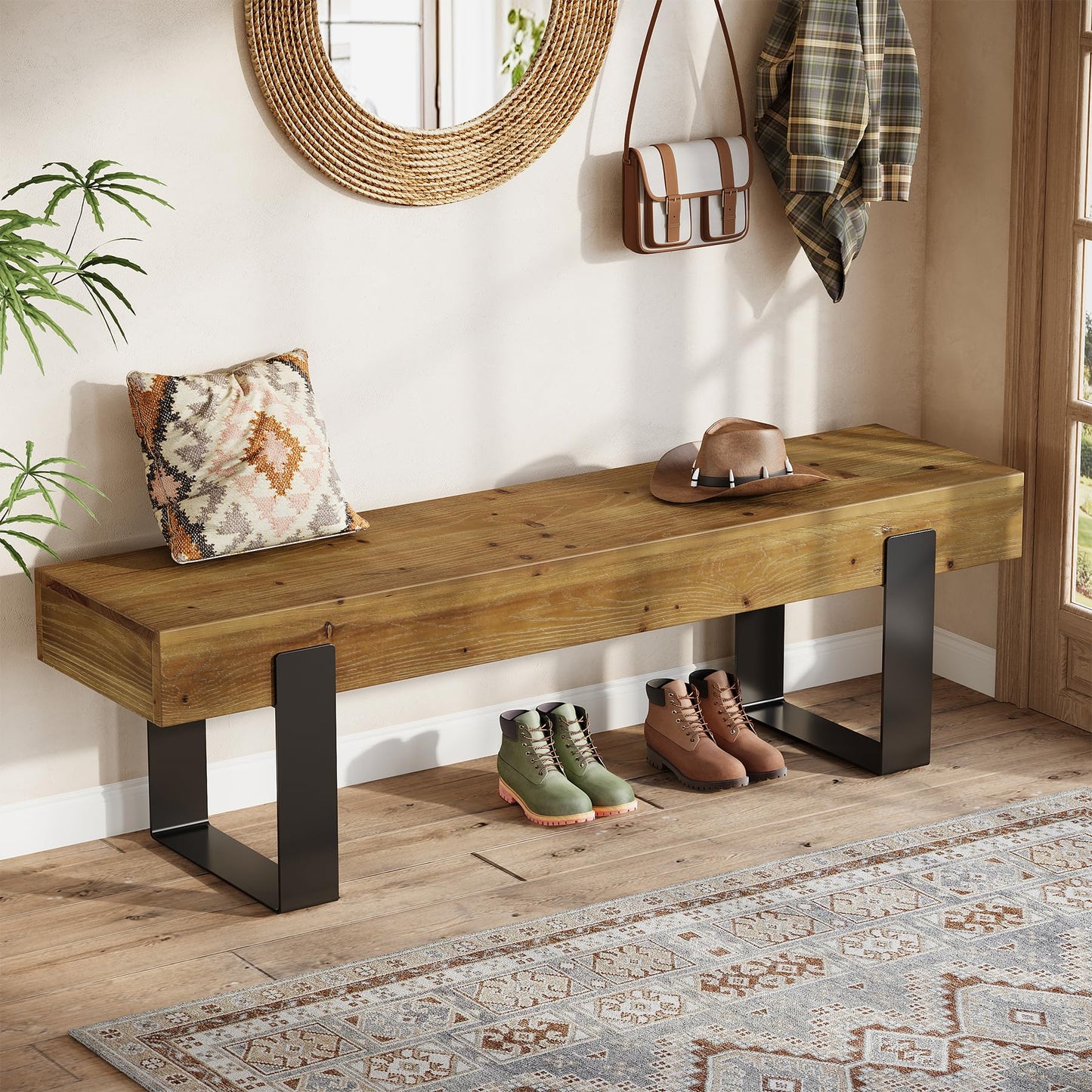 TRIBEWOOD Solid Wooden Entryway Bench, 63" Farmhouse Indoor Shoe Bench with Metal Legs, Industrial Long End of Bed Stool with Seating for Entry, Hallway, Porch, Living Room, Mudroom, Easy Assembly
