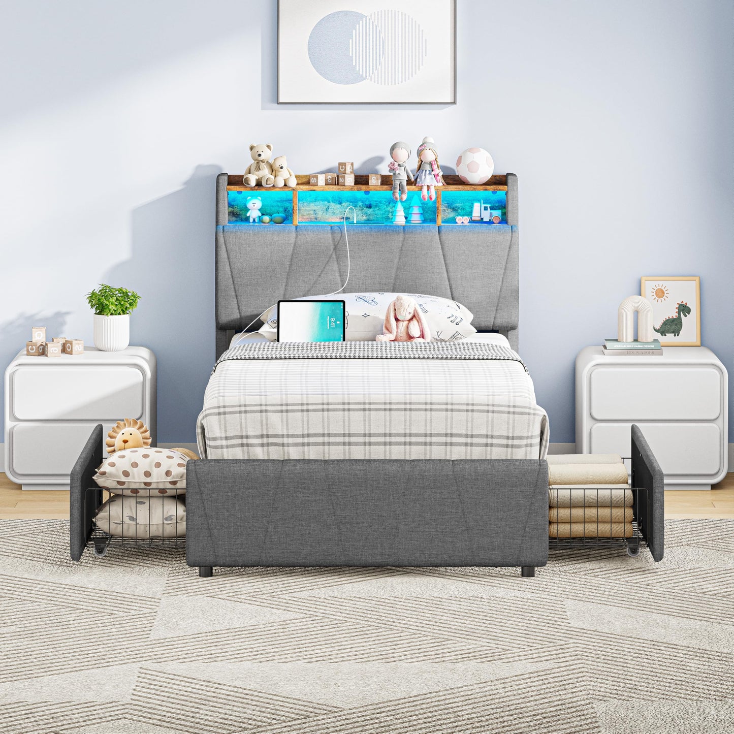 LIKIMIO Twin Bed Frame with 2 Storage Drawers, Charging Station & LED Lights, Upholstered Platform Twin Bed with Storage Headboard, Strong Wooden Slats, No Box Spring Needed, Easy Assembly, Grey