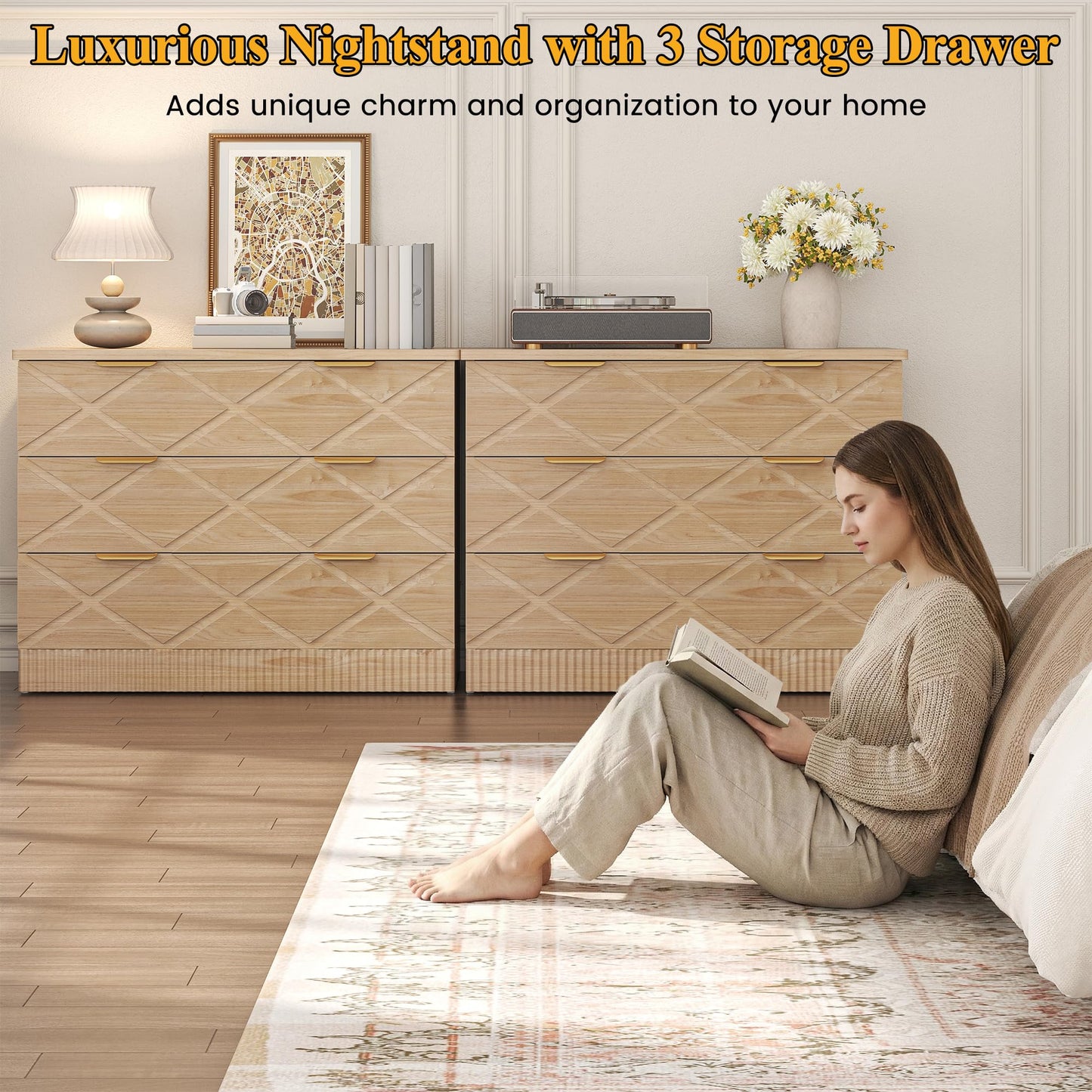 kepptory 32" Wide Nightstand with 3 Storage Drawers, Large Side Table with Carved Diamond Design and Fluted Wave, Wooden Night Stand Bedside End Table, Easy Assembly and Anti-Tipping Device (Natural)