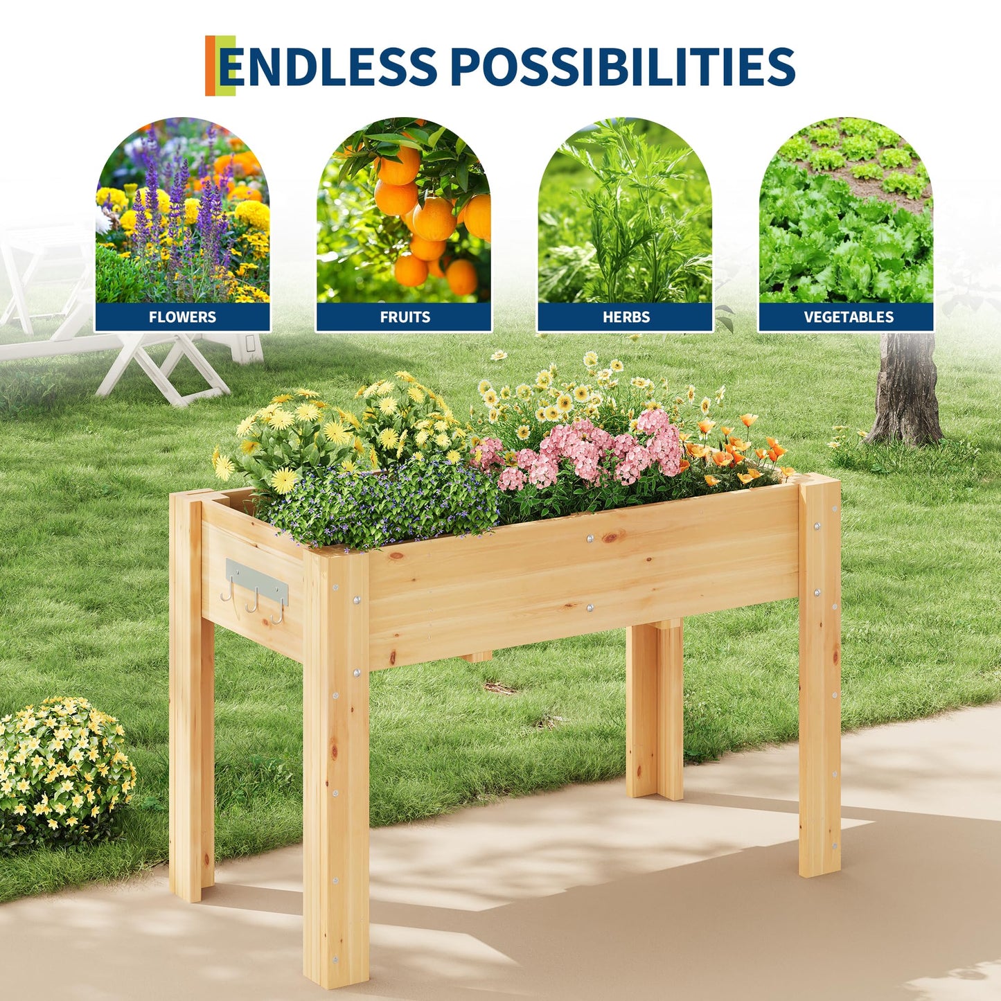 48x24x30IN Wooden Raised Garden Bed with Legs, Elevated Reinforced Large Planter Box for Vegetable Flower Herb Outdoor, Standing Growing Bed for Gardening/Backyard/Patio/Balcony, Liner Included