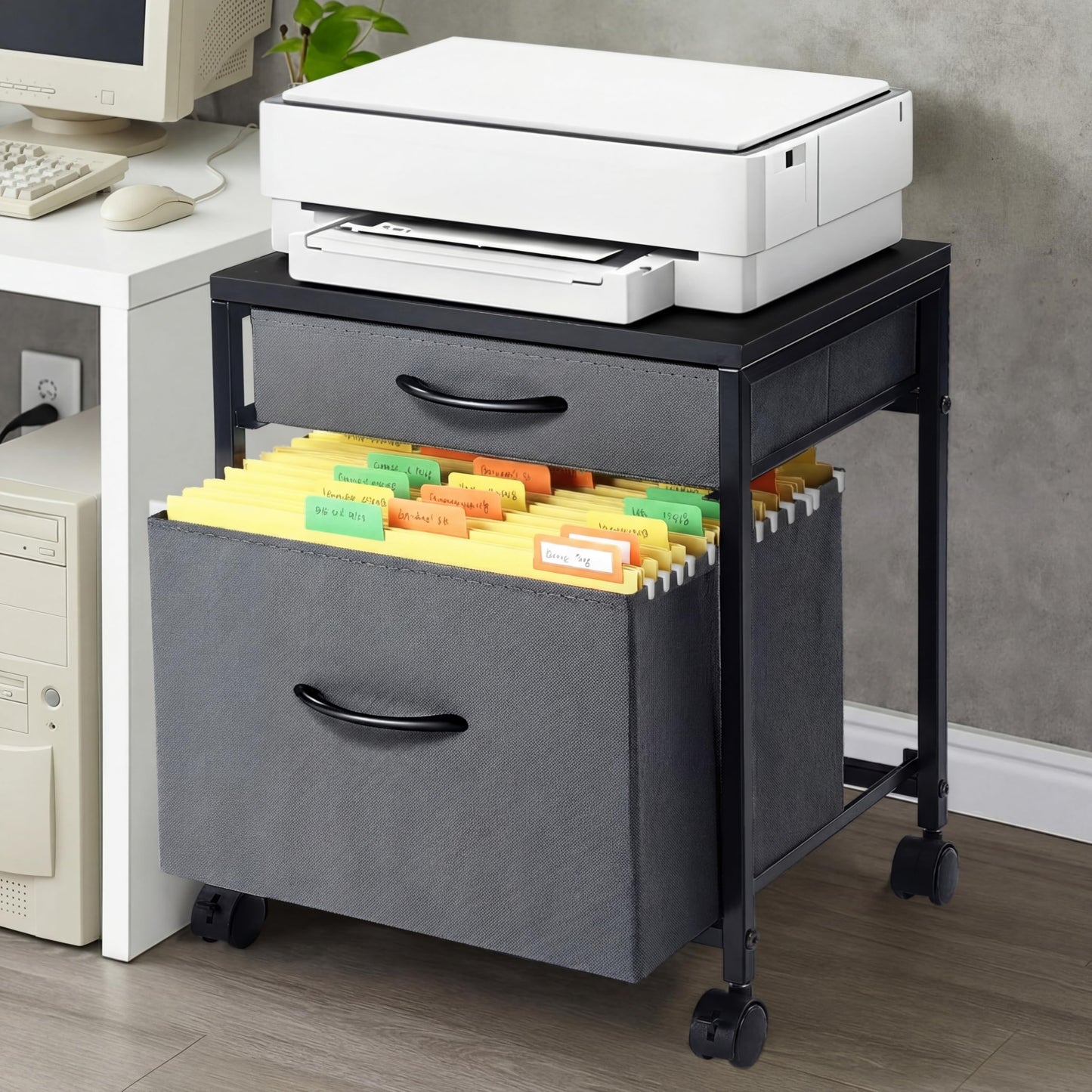 AceOrbit Printer Stand Rolling Mobile File Cabinet Cart with 2 Fabric Drawers A4 Letter Size Beside, Vertical Filing Cabinet on Lockable Wheel with Storage Under Desk for Home Office(Gray)