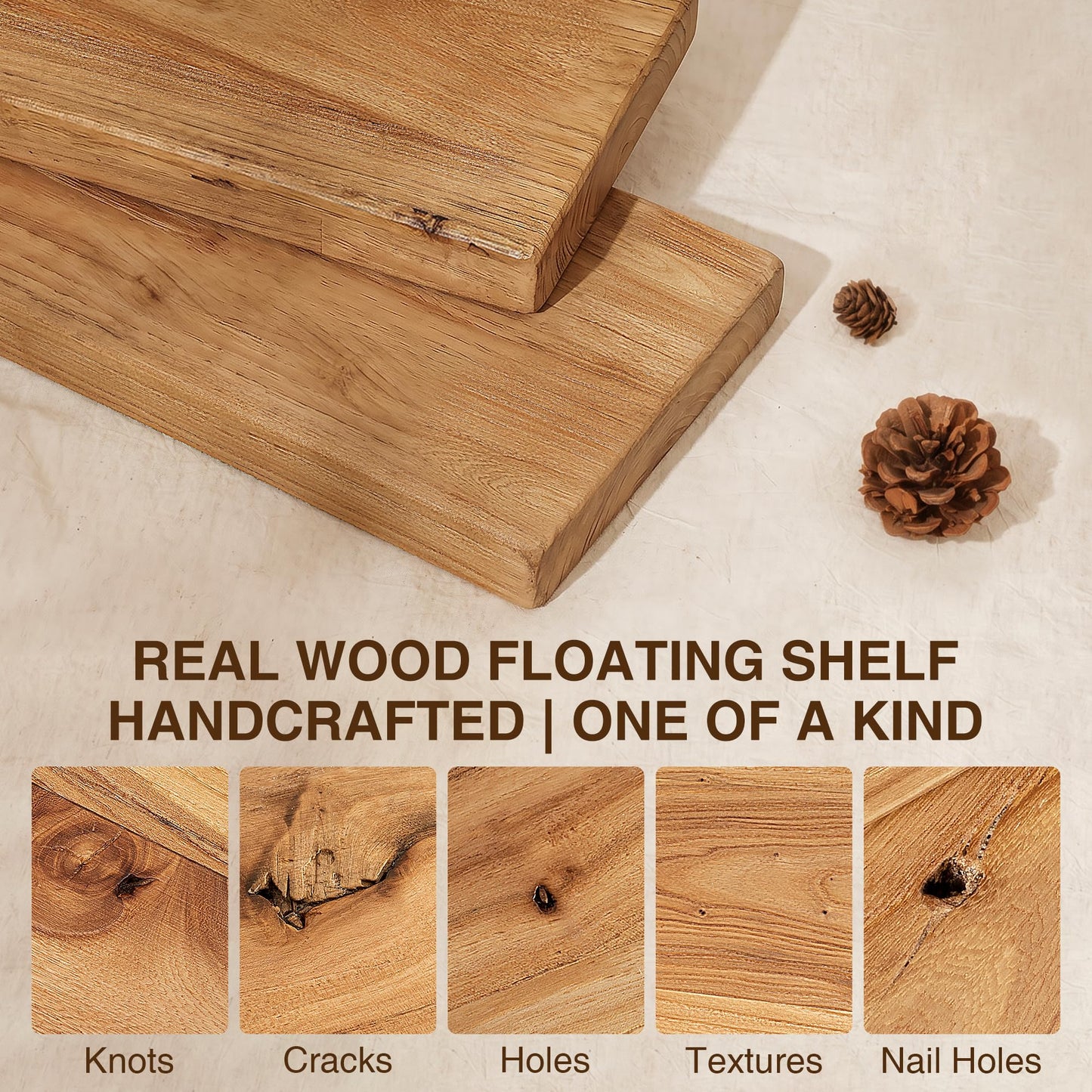Dreamland Solid Elm Wood Floating Shelves, 18" W x 8" D Floating Shelf Wall Mounted, 8 Inch Deep Wall Shelves - Wooden Bathroom Shelf, Deep Bookshelf for Living Room, Kitchen Wall Shelf, Set of 2