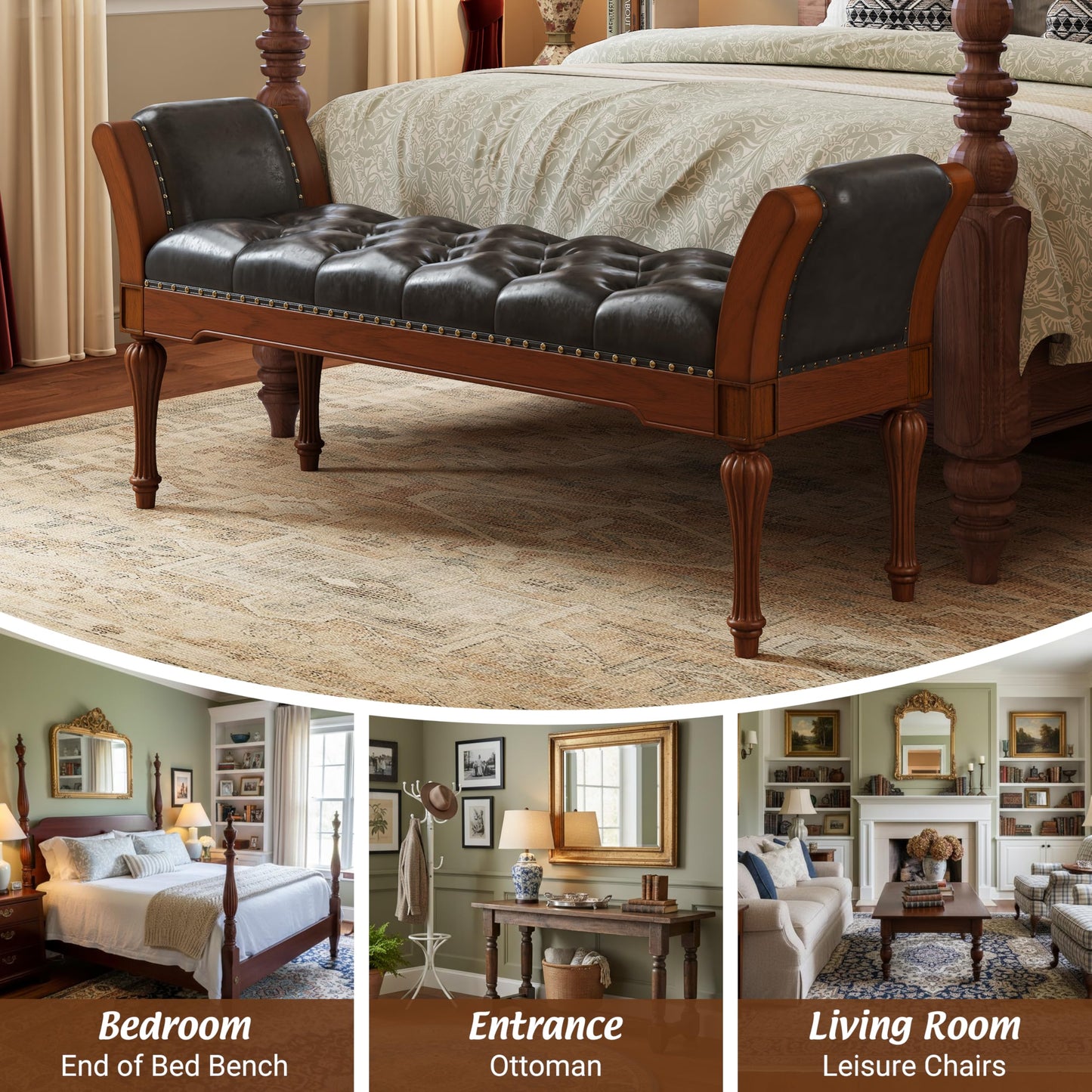 Christopher Knight Home Ionia 54'' Button-Tufted PU Leather Upholstered End of Bed Ottoman with Nailhead Trim, Wooden Living Room Ottoman Bench, Long Entryway Bench with Curved Armrest, Dark Brown