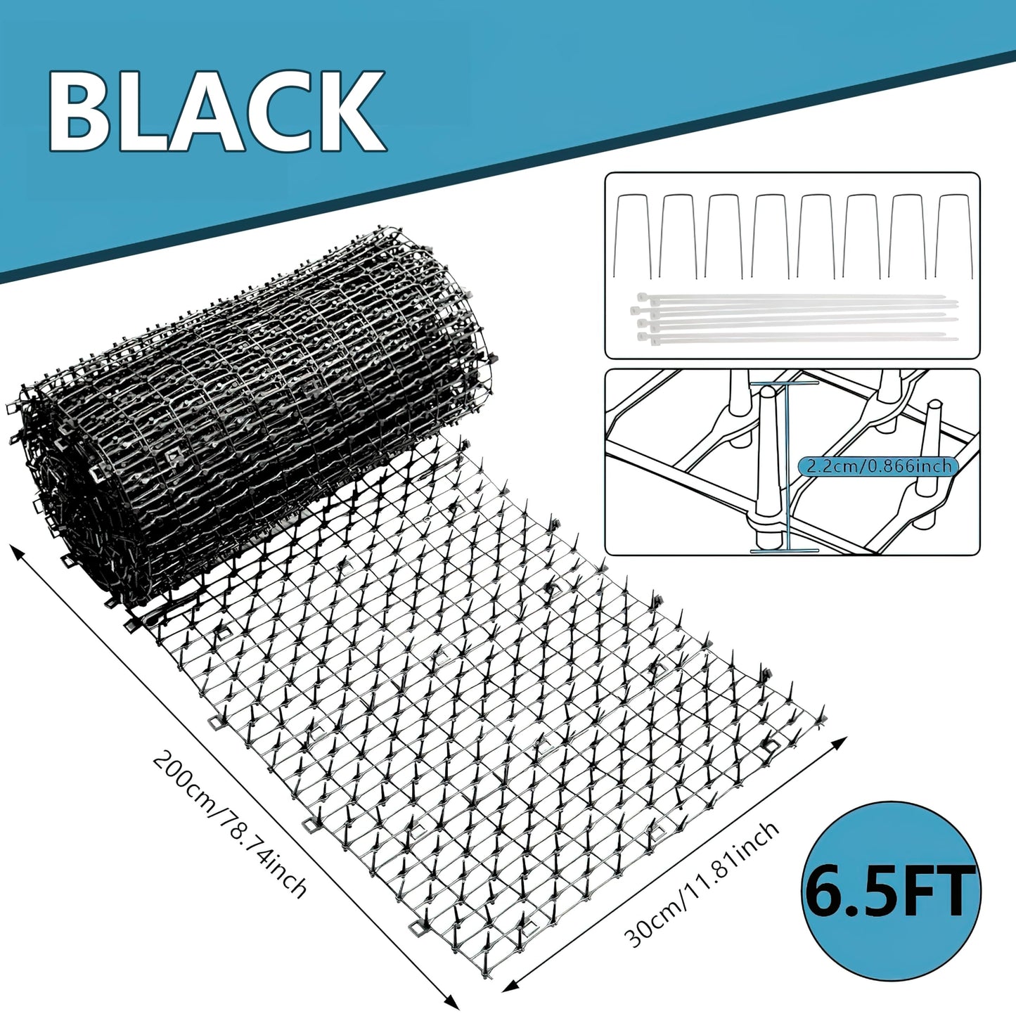 KOKMEYA Cat Repellent Mat, Black, 6.5 feet*2 with 16 Ground Stakes 16 Zip Tie, Cat Repellent Mat with Gentle Spikes for Garden/Backyard, Dog and Raccoon Deterrent Mat, 78.74 inches x 11 inches.