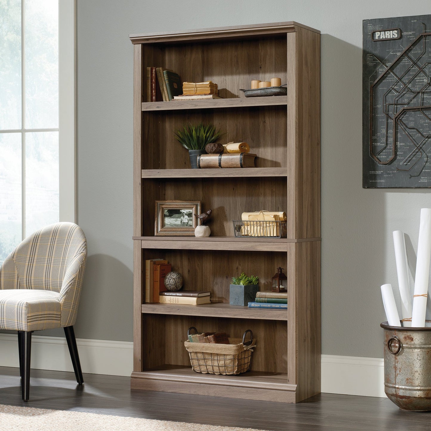 Sauder 5 Tier Book Shelf Wooden Bookcase Multipurpose Bookshelf for Home Office, Living Room, in Salt Oak finish