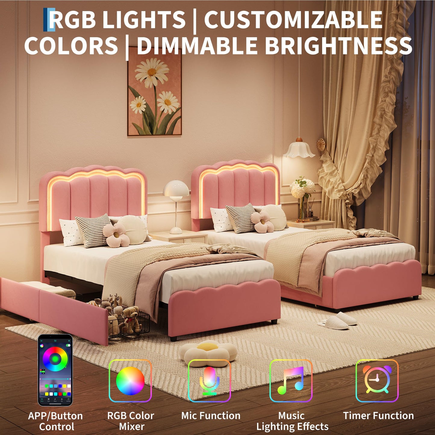 GarveeHome Twin LED Bed Frame, Kids Platform Bed with 2 Large Storage Drawers, Velvet Upholstered Princess Bed for Girls & Boys, Wooden Slats Support, No Box Spring Needed, Easy Assembly, Pink