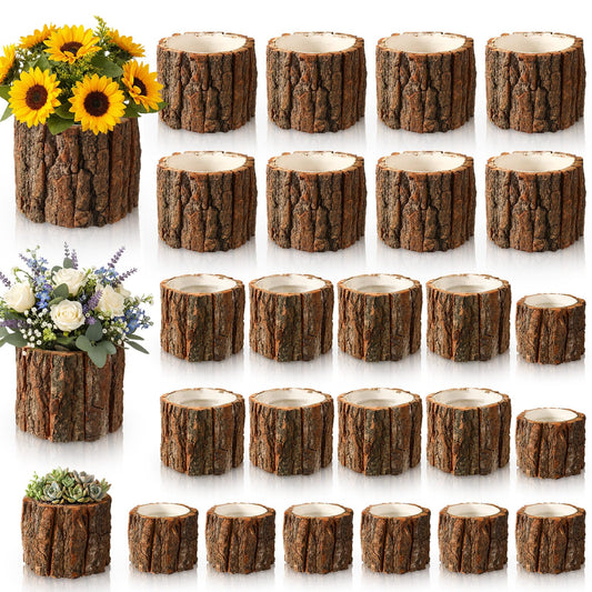 RimCereal 24 Pcs Wooden Vase for Centerpieces Wedding Flower Table Centerpieces Woodland Party Decor Rustic Farmhouse Bark Stump Buckets Vintage Planter Pots for Garden Baby Shower Window Home (L+m+s)