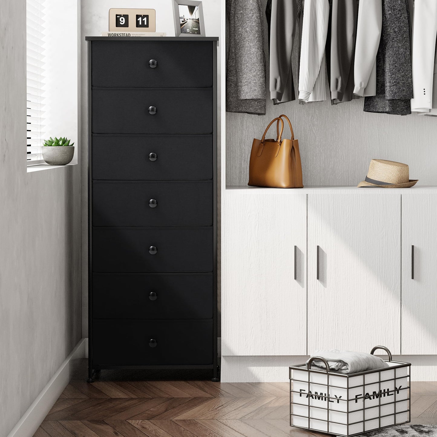 Crestlive Products Tall Dresser, 7-Drawer Fabric Storage Tower, Chests of Drawers - Vertical Organizer Unit for Bedroom, Hallway, Entryway, Nursery, Closets - Steel Frame, Wood Top & Handles (Black)