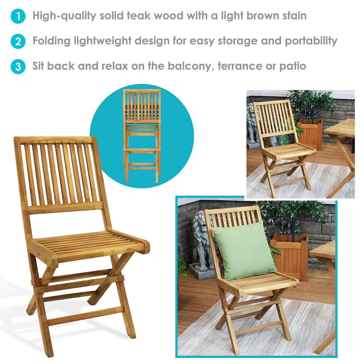 Sunnydaze Foldable Teak Wood Outdoor Chairs – Folding Patio Chair Set of 2 for Deck or Balcony – Wooden Teak Furniture with Light Finish