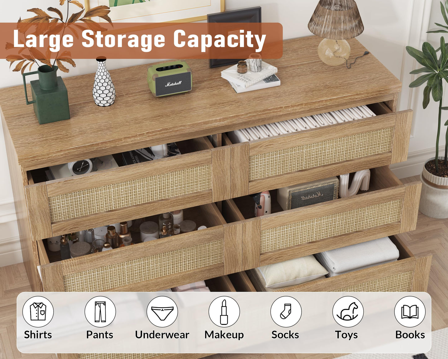 GarveeHome Rattan Dresser for Bedroom, Modern 6 Drawer Double Dresser for Bedroom, Wide Wood Chest of Drawers for Bedroom, Living Room, Hallway, Natural