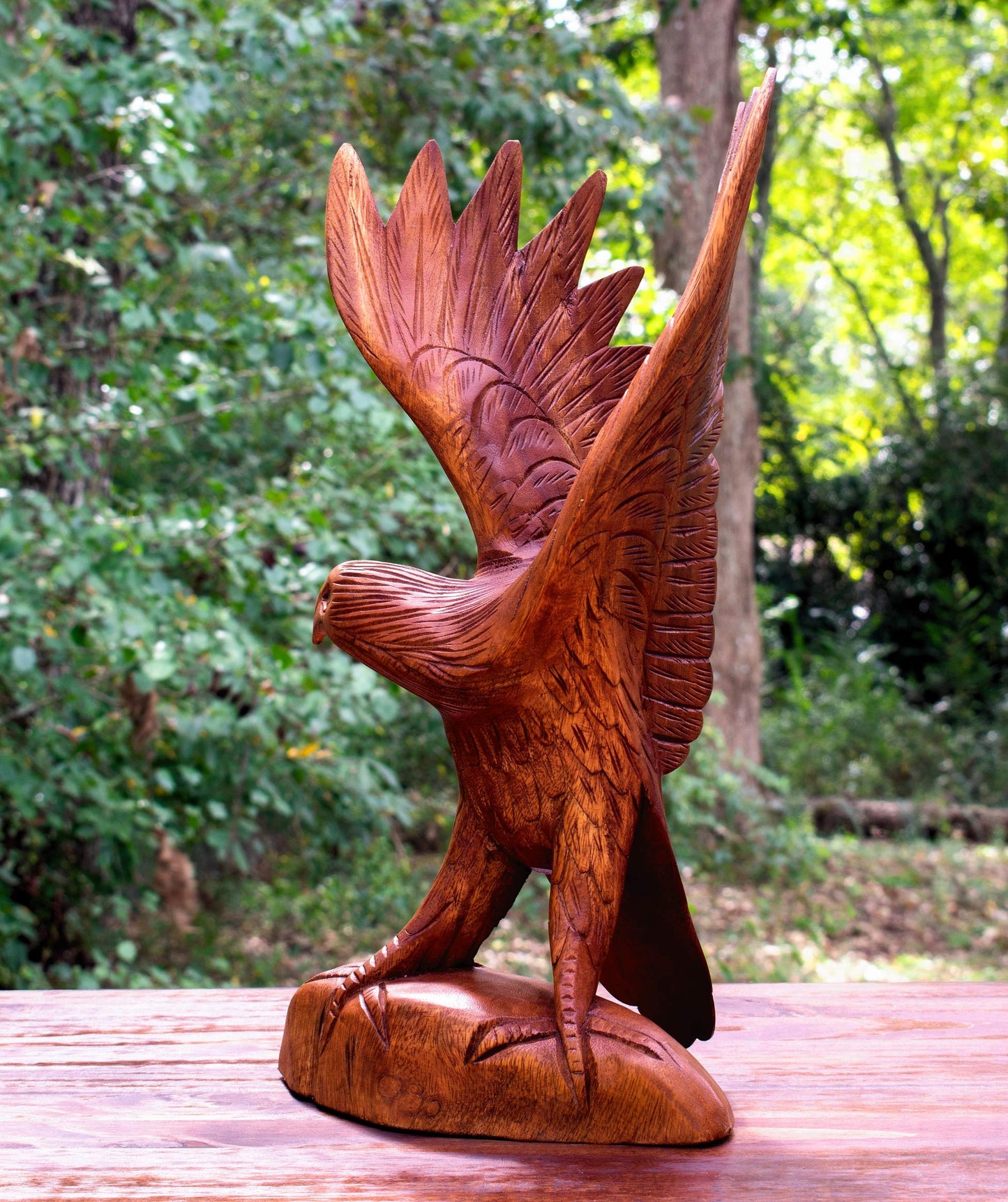 G6 Collection Hand Carved Wooden Eagle Statue, Open Wing Eagle Figurine Sculpture on Base, Rustic Wildlife Home Décor, Soaring Eagle (12" Tall)