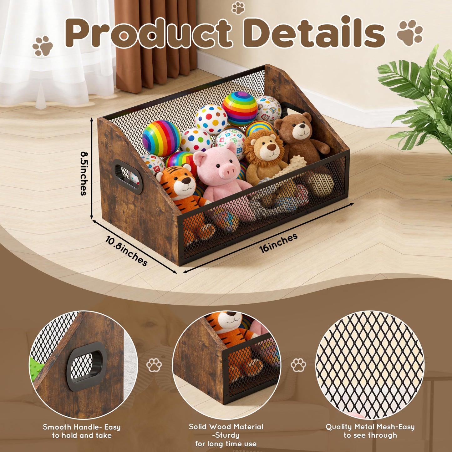Piskyet Wood Dog Toy Basket,Dogs Storage Organizer,Dog Toy Box,Dogs Toys Bin,Large Cat Toys Basket Box for Living Room Area Wooden Organizing Storage(Rustic Brown)